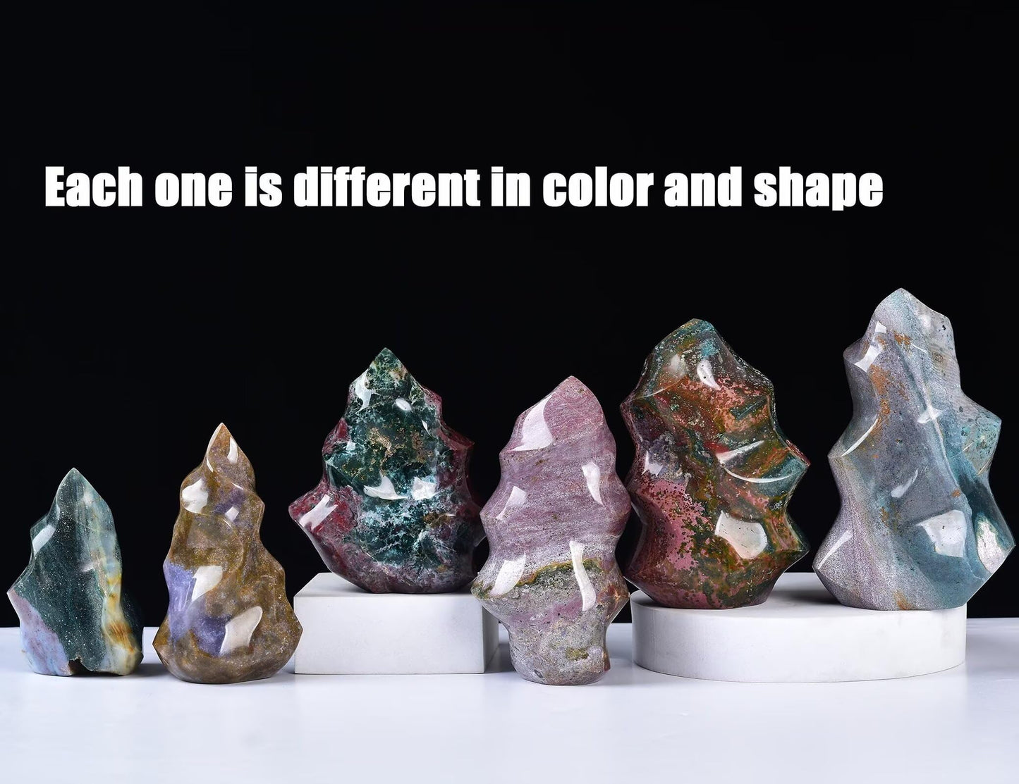 AMOYSTONE Ocean Jasper Flame Shaped Stone Towers Obelisk Natural Healing Crystal Quartz Reiki Energy Decoration Home Office Decor 1.0-1.5LBS