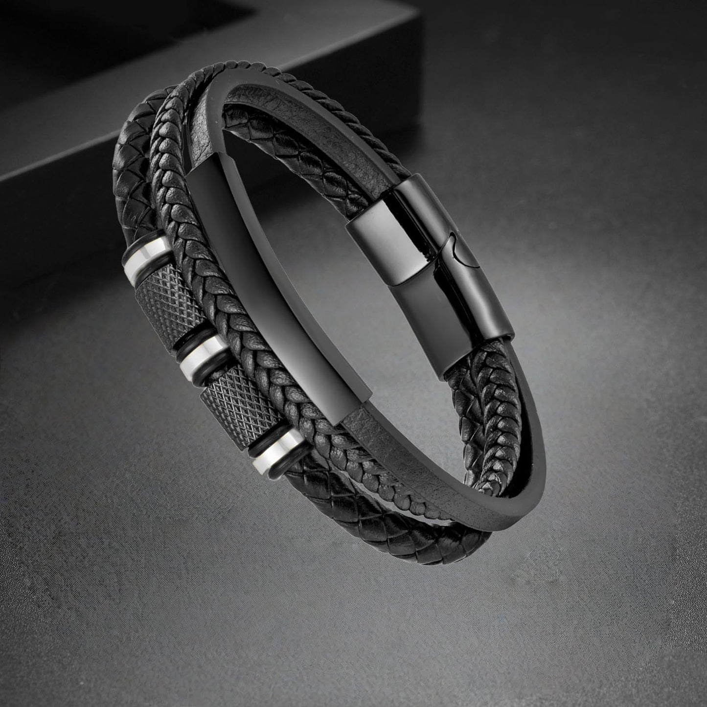 Mens Leather Bracelet, Leather Bracelet For Men, Multi-Layer Braided Leather Mens Bracelet with Stainless Steel Clasp, Perfect or Dad, Husband, Son, Grandson, Nephew, Comes With Gifts Box(Black)