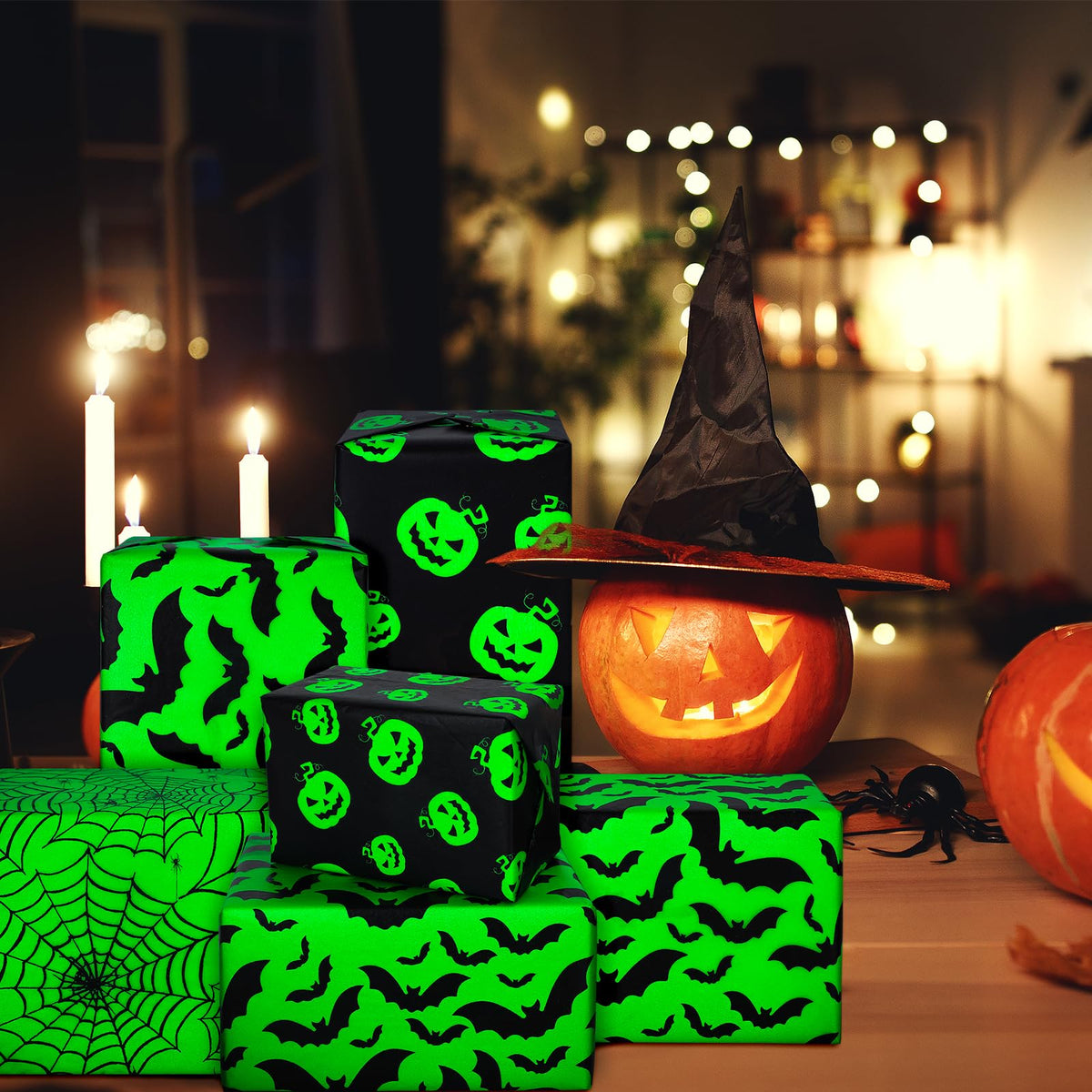 Whaline 90 Sheet Halloween Black Green Tissue Paper Pumpkin Cobweb Bat Wrap Tissue Paper 13.8 x 19.7 Inch Scary Black Green Decorative Gift Wrapping Paper for Halloween Party Craft Gift Packing