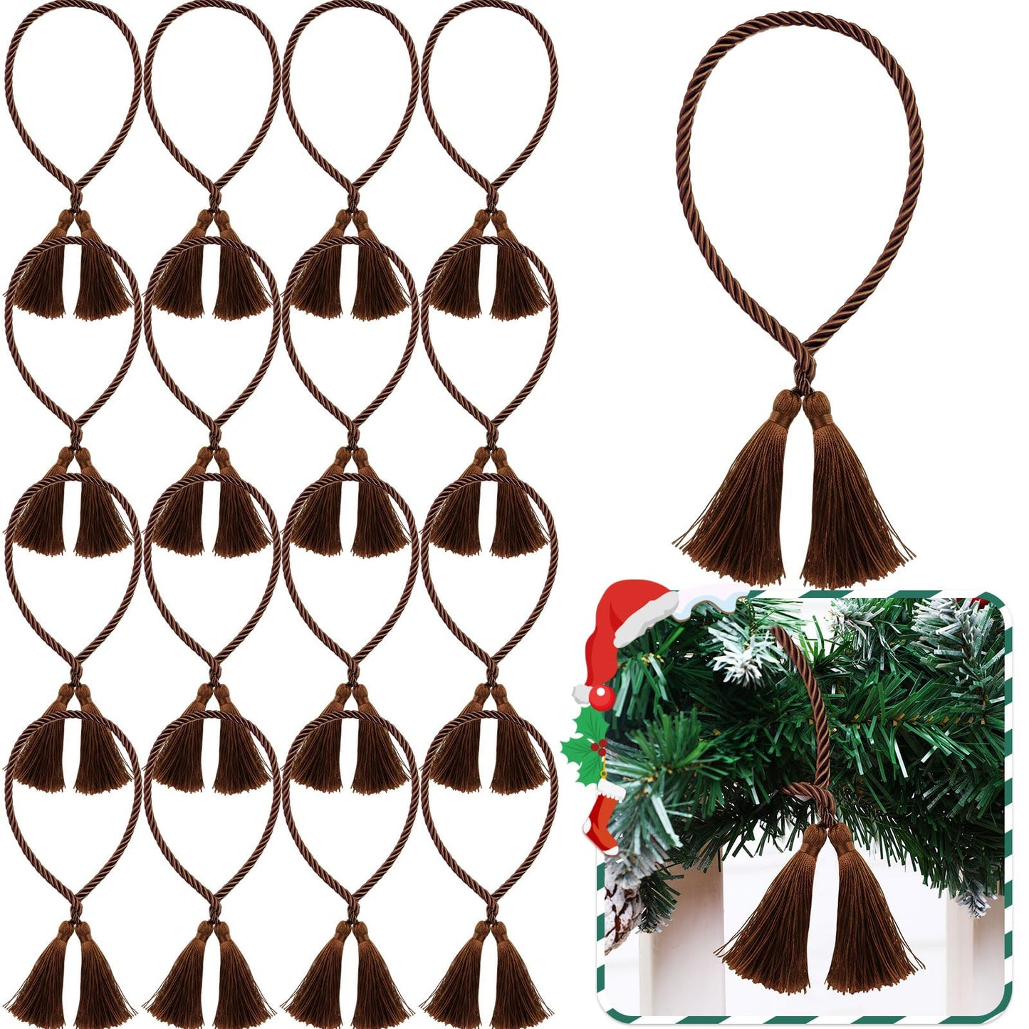Zhengmy 15 Pcs 24 Inch Christmas Garland Ties with Tassels Decorative Twist Tie for Banister Reusable Flexible Twist Tie for Garland Fireplace Staircase Banister Home Xmas Holiday Decorations (Brown)