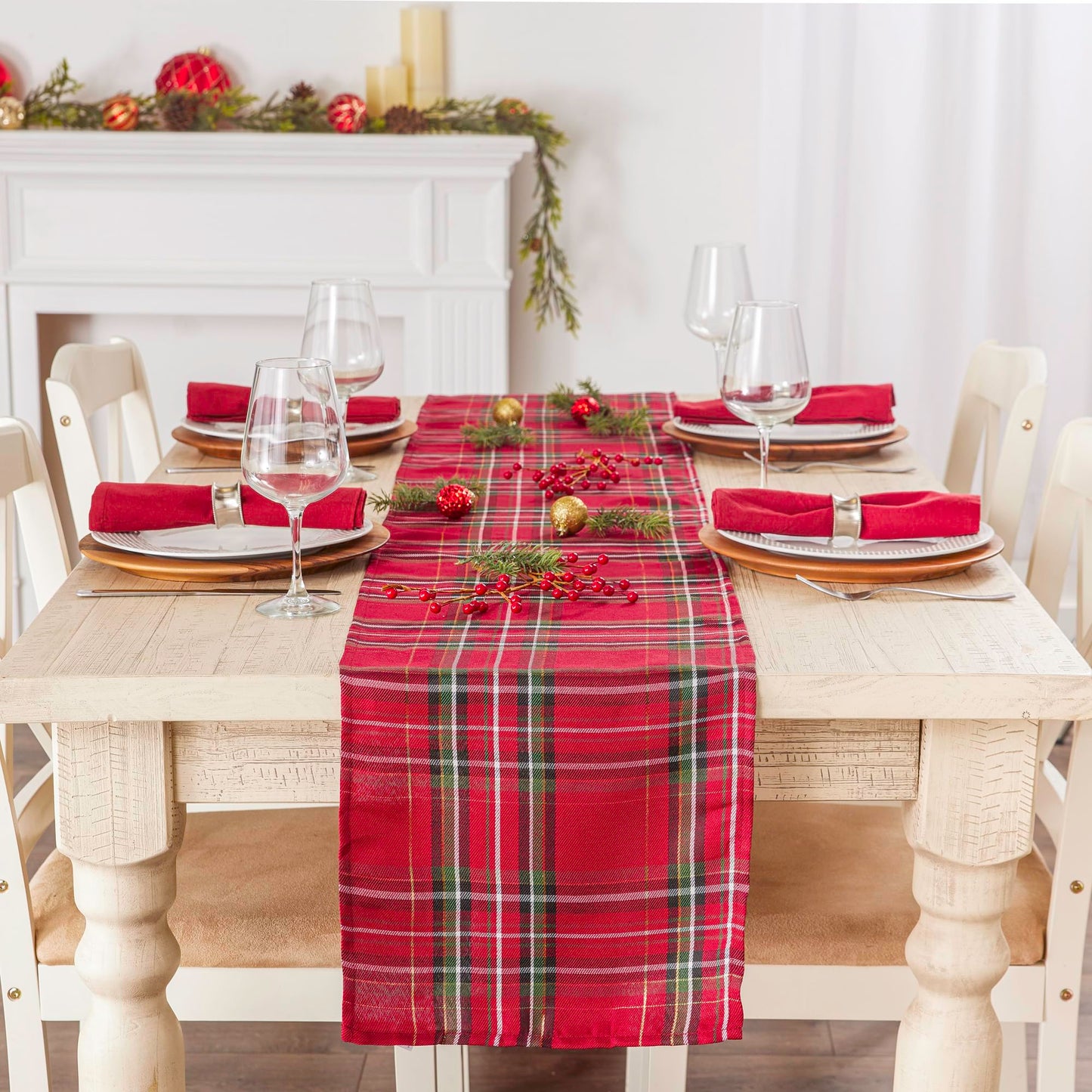 DII Holiday Dining Table & Kitchen Décor Metallic Fabric, Christmas Table Runner, 14x108, Red Tartan Plaid