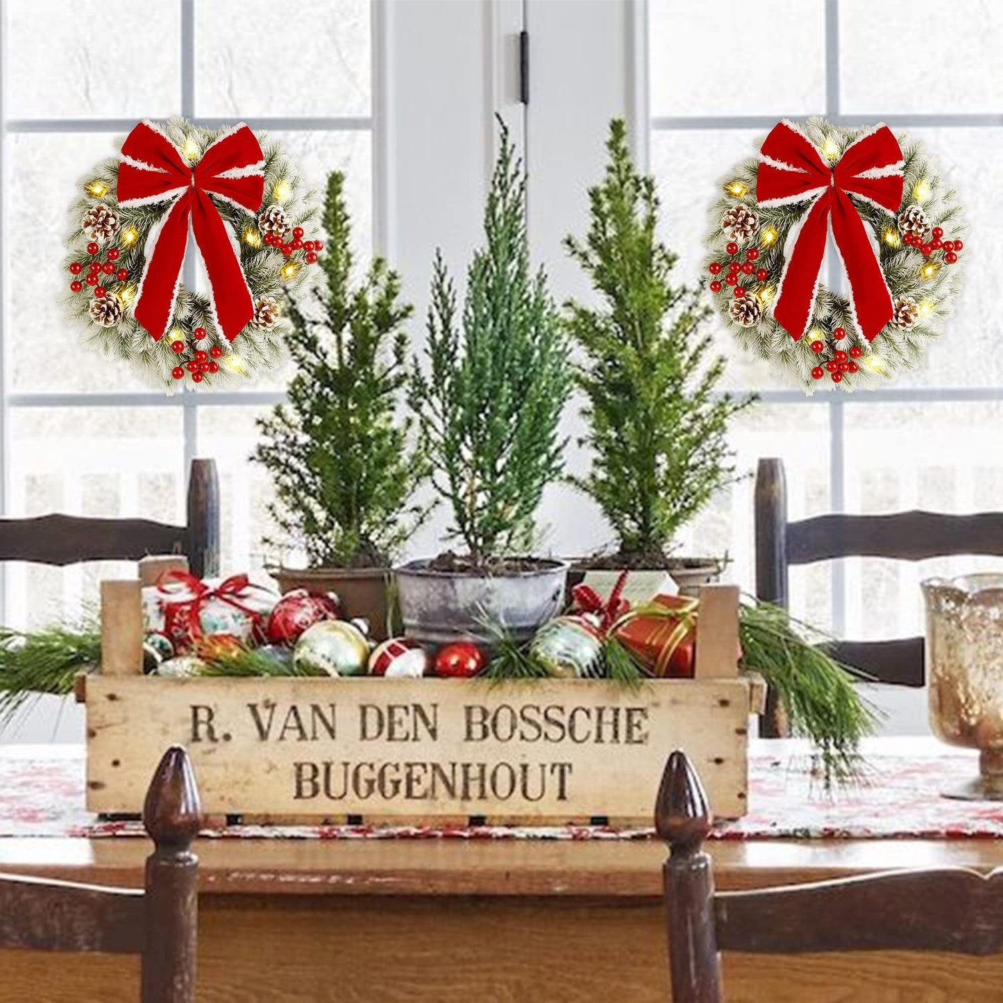 ATDAWN 2 Pcs Christmas Wreath, 15 Inch Outdoor Lighted Wreath for Front Door, Xmas Holiday Party Decorations