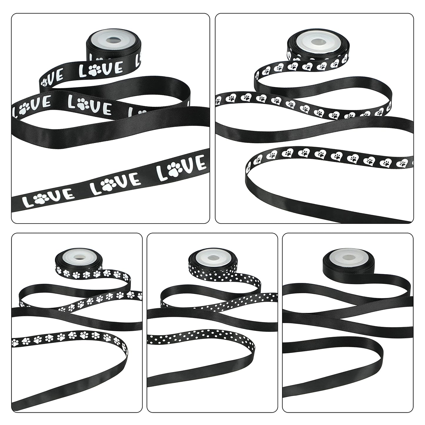 HUIHUANG Paw Print Bone Satin Ribbon Assortment - Black and White, 3/8" & " 5/8" Inch, 10 Rolls 50 Yards - Assorted Ribbon for Crafts, Dog Party Supplies, Gift Wrapping & Decoration