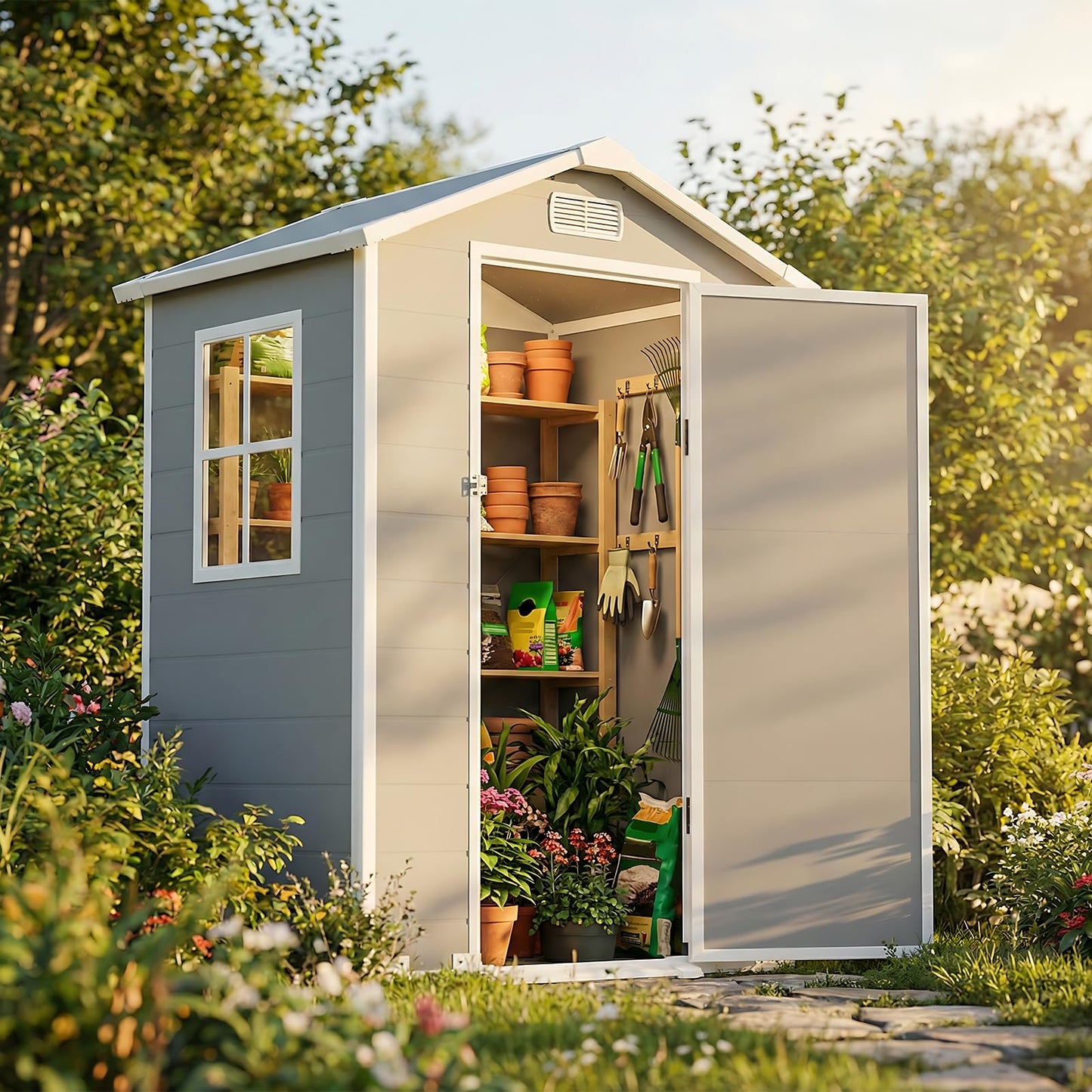 4x3 FT Outdoor Storage Shed, Resin Shed with Sloped Roof and Rain Holes, Storage Shed with Lockable Door and Transport Ramp, with Window&Vent,Suitable for Backyard, Garden, Patio, Lawn, Gray