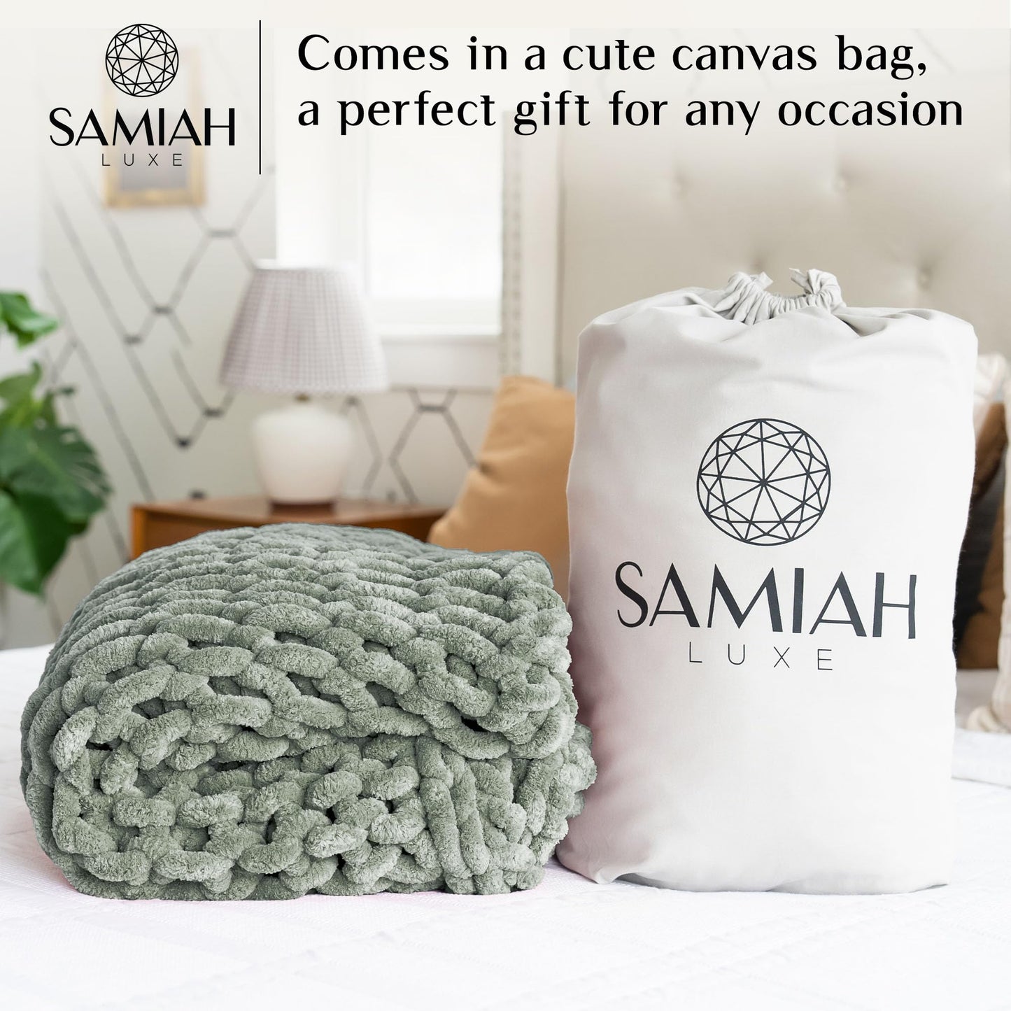 SAMIAH LUXE Chunky Knit Throw Blanket 50x70, Sage Green Chenille Throw Blanket for Couch Bed Sofa, Soft Fluffy Cable Knit Blanket, Oeko-TEX Certified, Machine Washable
