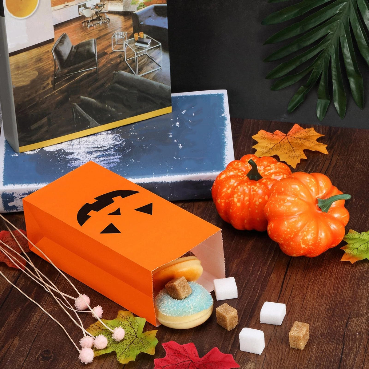 Tatuo 48 Pieces Halloween Pumpkin Paper Bags Candy Treats Gift Bags Present Grocery Crafting Lunch Flat Bottom Candy Party Decorations (7 x 3.5 x 2.4 Inch)