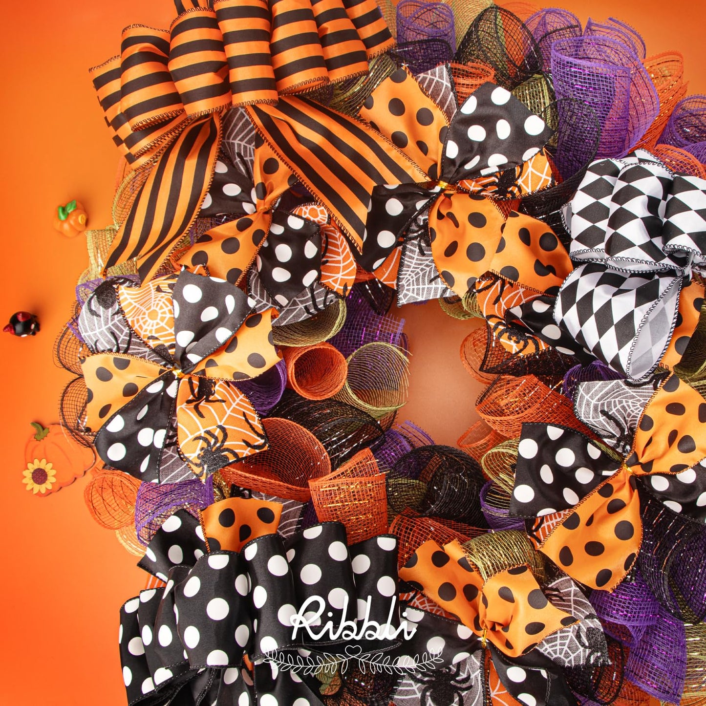Ribbli Halloween Ribbon Wired,6 Rolls Orange and Black Halloween Ribbon 2.5 Inch Total 90 Feets(30 Yards), Ghost/Spider/Polka Dot/Black Velvet Ribbon for Crafts,Wreaths,Party Decoration