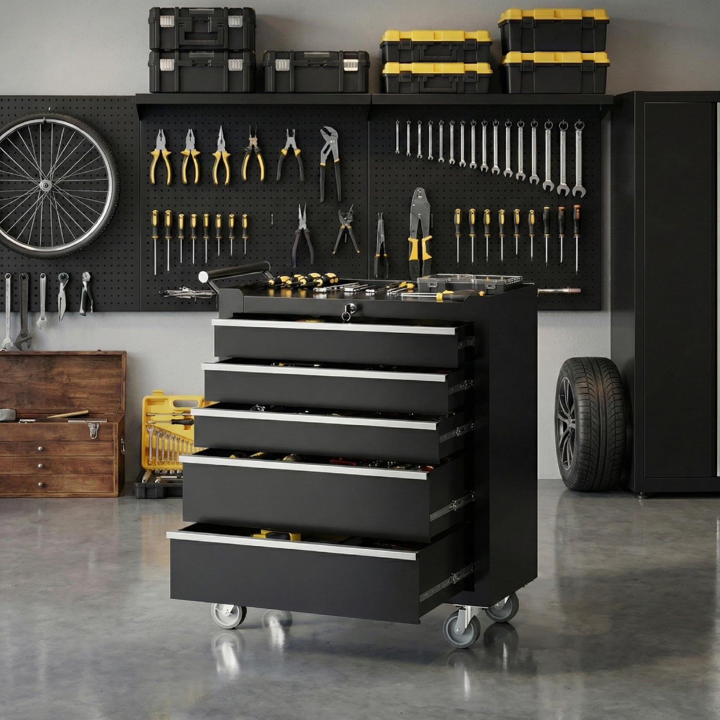 PeakPursuit 5-Drawers Rolling Tool Chest, Portable Tool Box with Wheels and Lock System, Secure Storage Cabinet for Warehouse, Workshop, and Repair Shop, Black