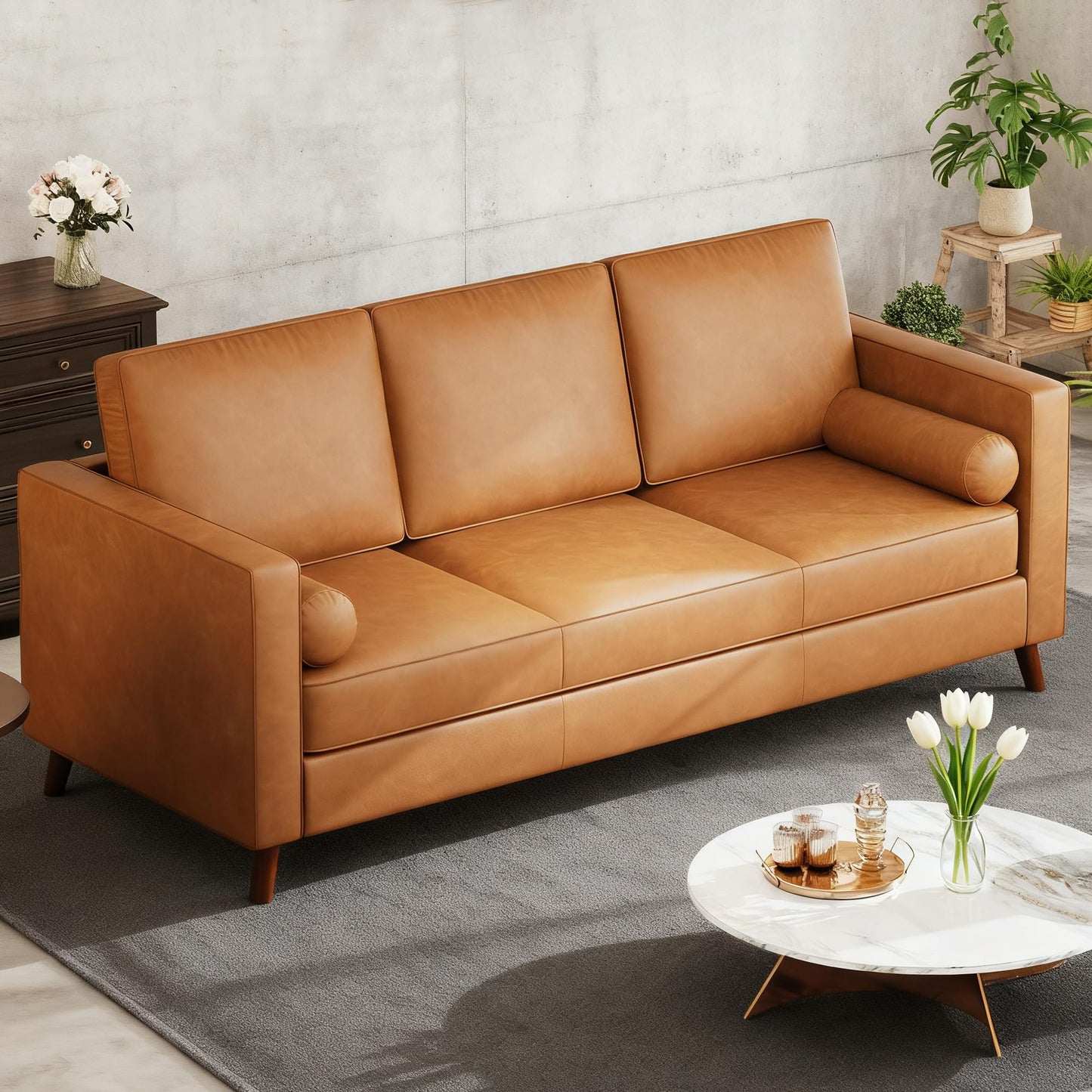 Garvee 86" Leather Sofa, Mid-Century Modern Deep Seat Couch, Upholstered Cushion&Removable Cover, PU Couch, 3-Seat Sofa for Living Room or Offic, Cognac Tan
