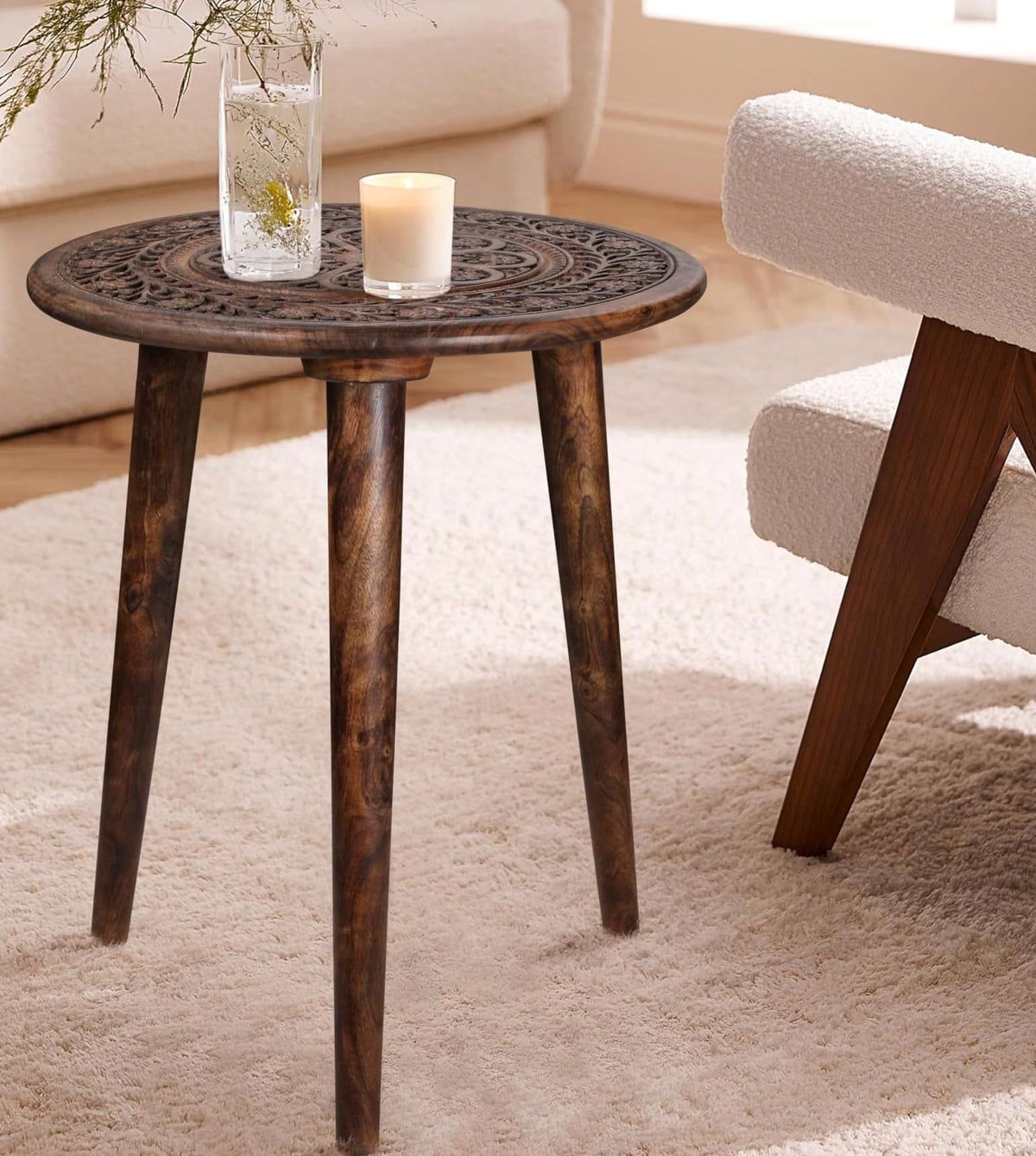Side Tables Round with 3 Legs-Small Drink Table for Small Spaces, Modern Accent Nightstand with Hand-Carved Top & Solid Wood end Tables for Living Room, Bedroom,Office – Burnt Finish_18x22