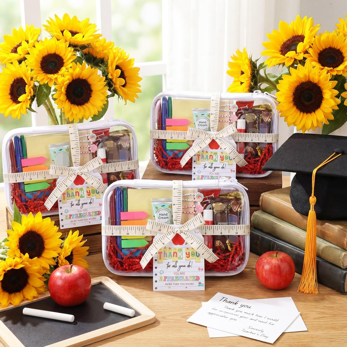 Pickmesh 6 Sets Teacher Appreciation Gifts Box Clear Hard Shell Zipper Case with Thank You Cards and Ruler Ribbon Paper Shred Filler for Gift Wrapping Teacher Appreciation Week Graduation Present