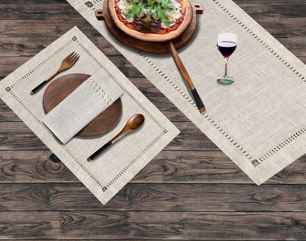 Grelucgo Handmade Hemstitched Table Placemats, Rectangle 12x18 Inch Set of 6, Natural Color