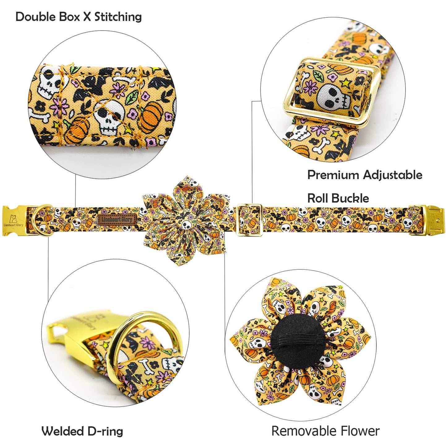 Lionheart Glory Halloween Dog Collars Skull Collar with Adjustable Flower Pattern for Small Dogs Puppy