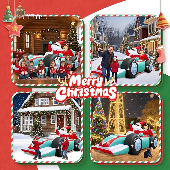 10FT Giant Christmas Inflatables Outdoor Decorations Xmas Racing Car Blow Up Yard Decorations with Built-in LED Lights for Garden Lawn Outdoor Yard Winter Holiday