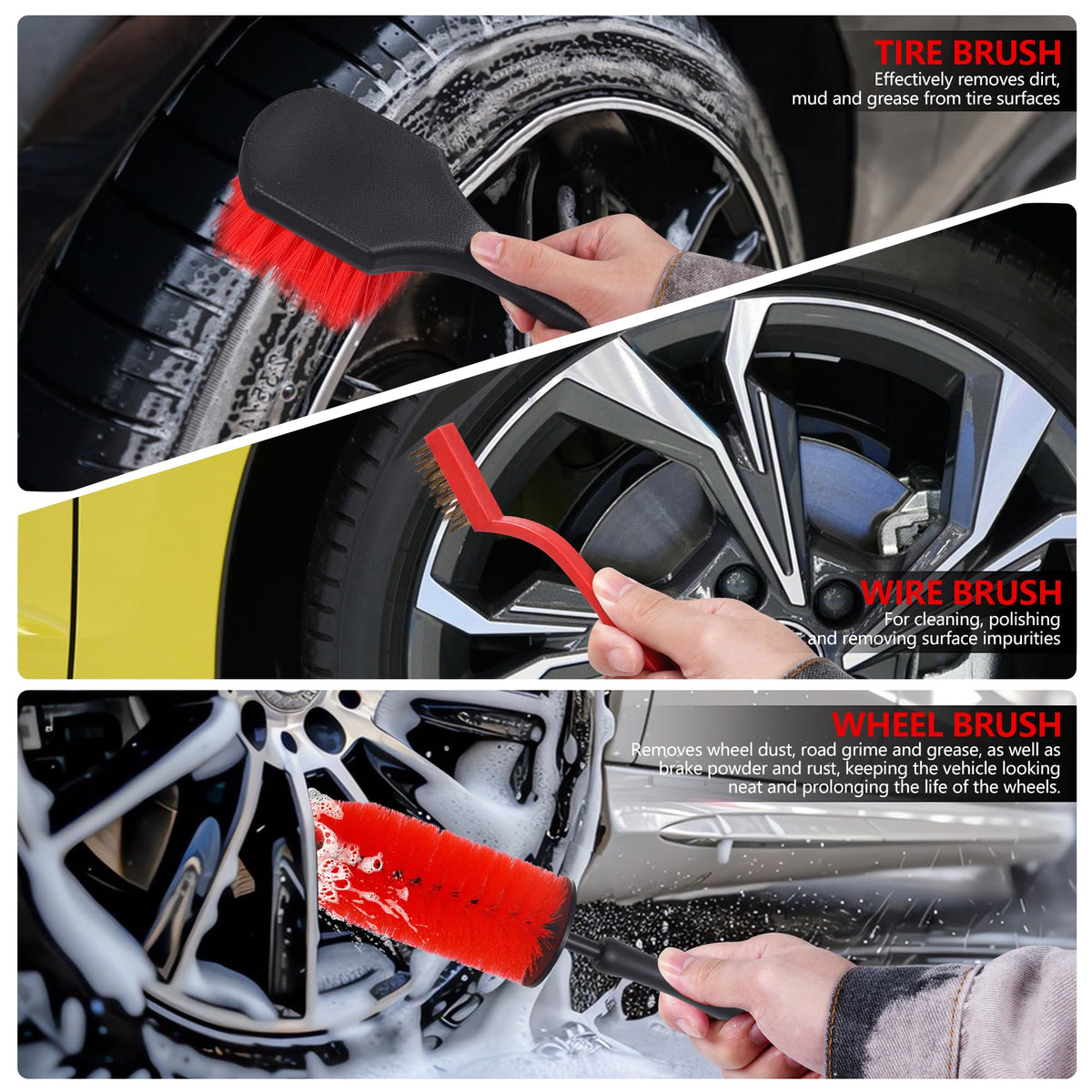 MIANYINGR 35Pcs Car Detailing Kit & Car Cleaning Kit – Windshield Tool, Long Wheel Brush & 2 Angled Brushes, 4 Polishing Pads & 4 Wax Pads – Red Tool Box – Gift for Men (B:35PCS-R)