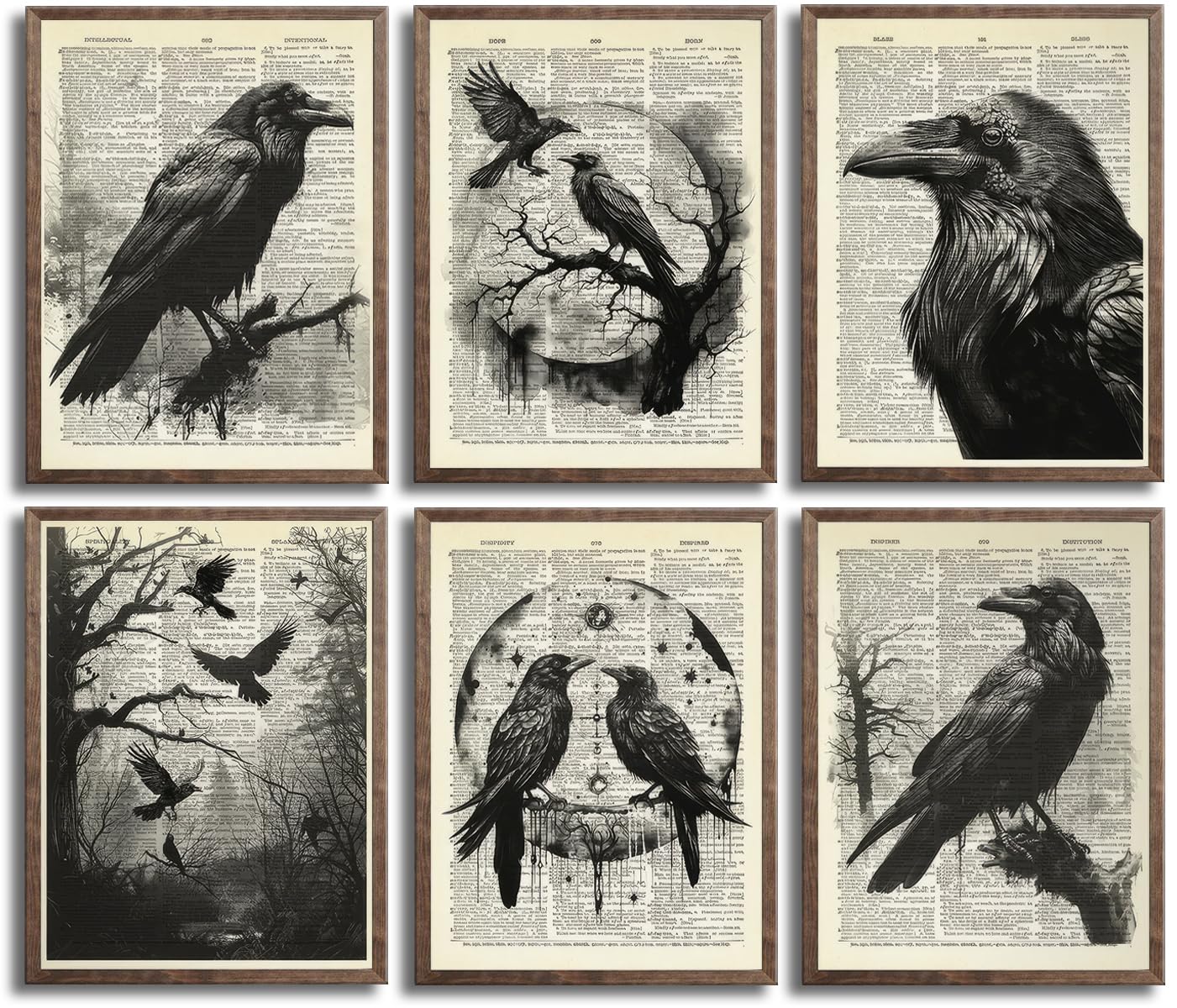 6Pcs Black Raven Wall Art Dark Academia Wall Decor Pictures Victorian Gothic Crow Canvas Posters Prints for Living Room Bedroom Decoration Unframed (8x10in)