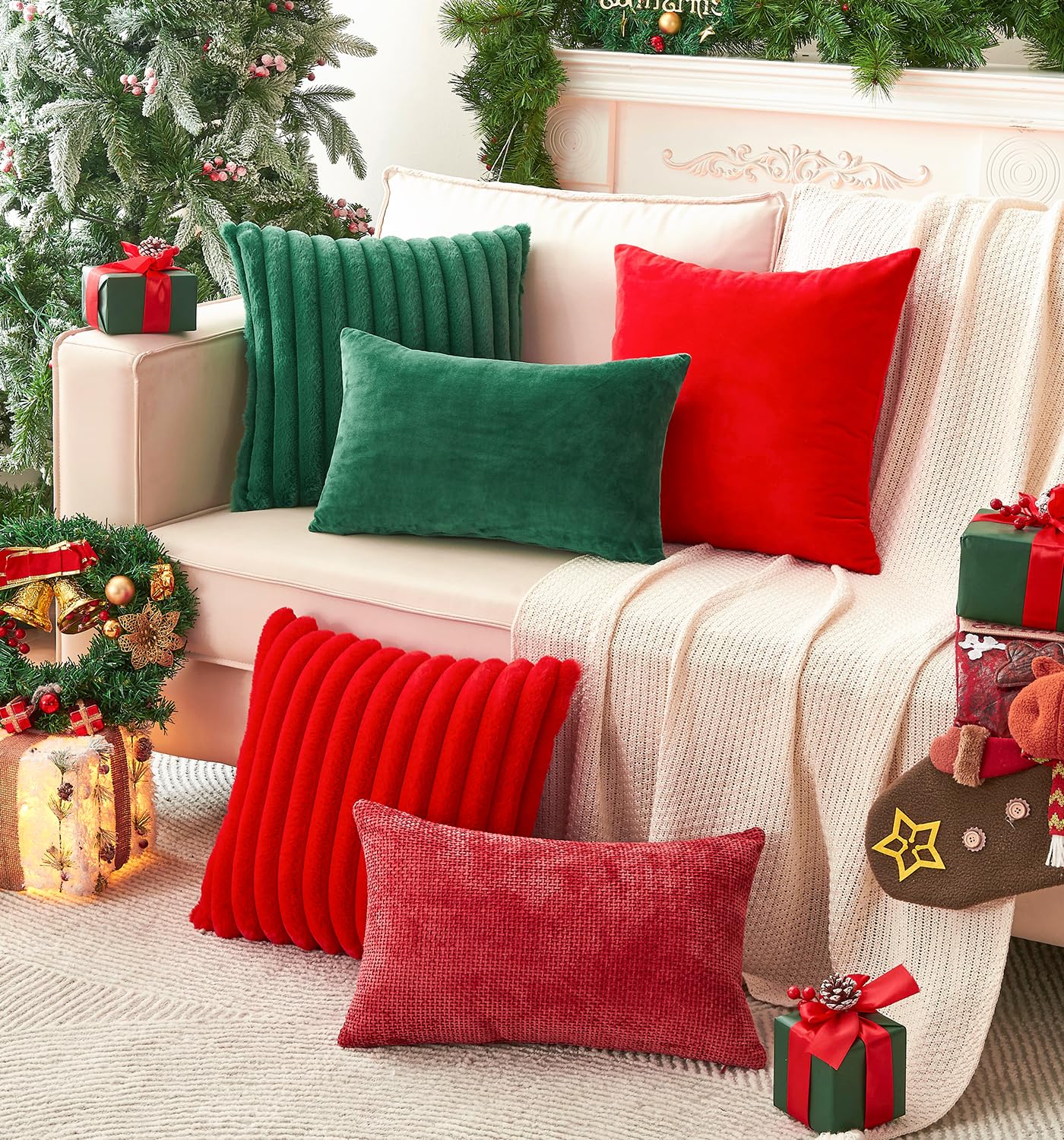 GriNeed Pack of 2 Christmas Red Pillow Covers 18x18 Inch Decorative Throw Pillow Cover, Velvet Pillowcases for Couch Sofa Bed, Home Boho Decor, Modern Soft Cushion Covers