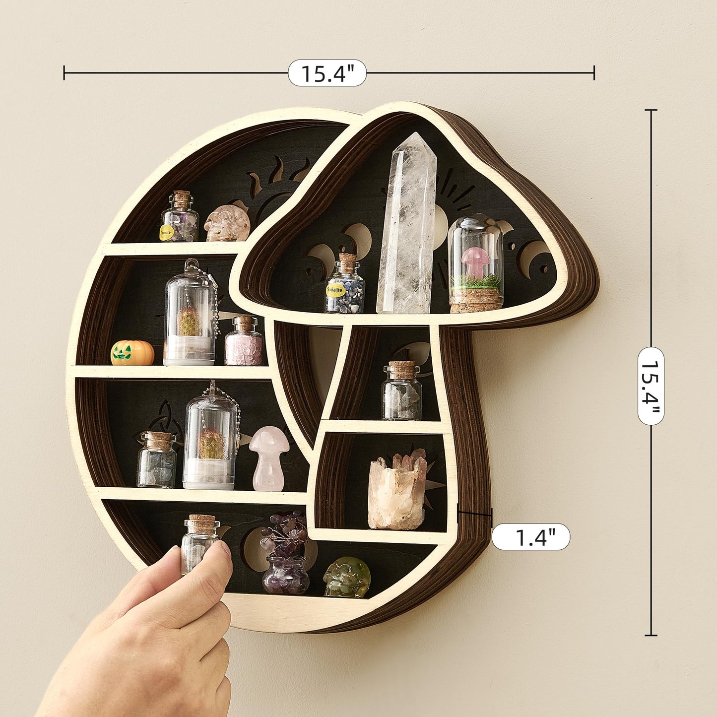 FNYDOX Crescent Moon Shelf with LED Light, Wooden Mushroom Shelf for Crystals Rocks Gems Healing Stones, Trinket Knick Knack Bohomian Witchy Wiccan Shelves Wall Mounted