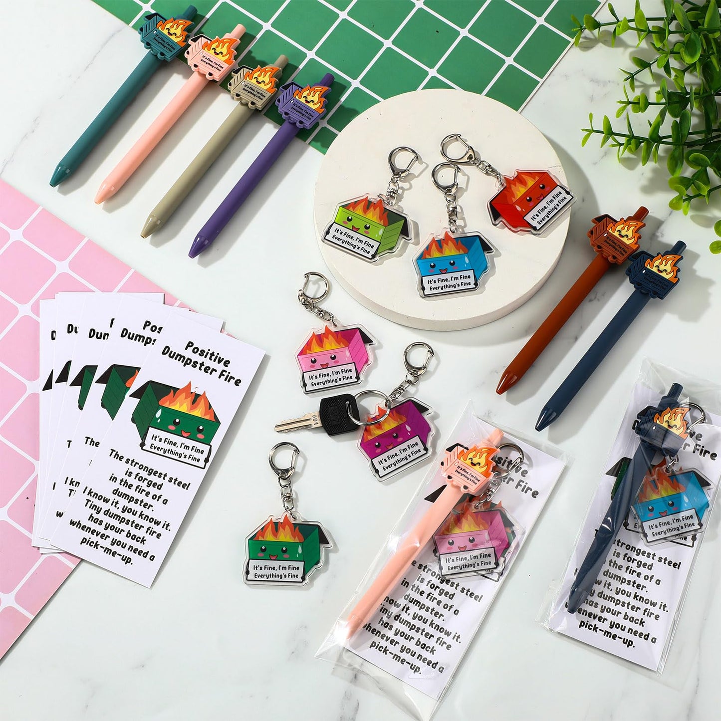 Sayglossy 12 Sets Dumpster Fire Funny Coworkers Gifts Ballpoint Pens Acrylic Keychains and Bookmarks Social Worker Gifts for Volunteer Nurse Teacher Administrative Professional Office Employee Team
