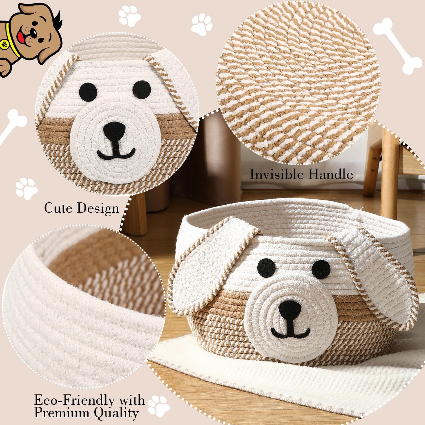 Zopeal Dog Woven Basket Cute Woven Cotton Rope Puppy Animal Storage Basket for Laundry Toy Gift(Khaki, White,13 x 8 Inch)