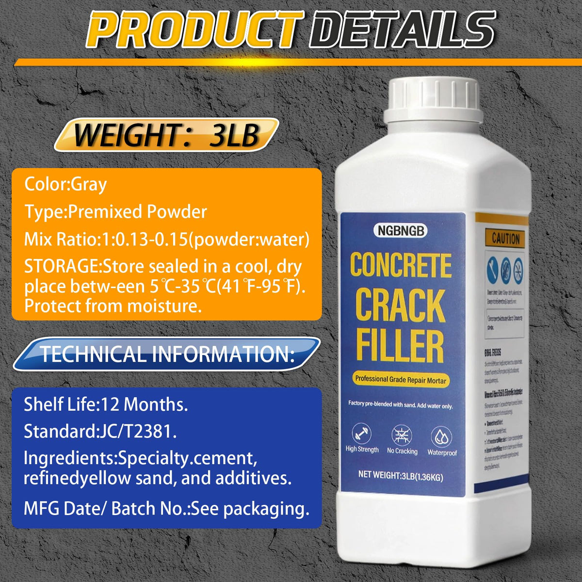 Concrete Crack Filler 3LB Gray - Heavy Duty Dry Granular Mortar Repair Kit for Driveways, Walkways & Patios - DIY Concrete Hole Filler with Quartz Sand, Includes Scraper, Brush & Gloves