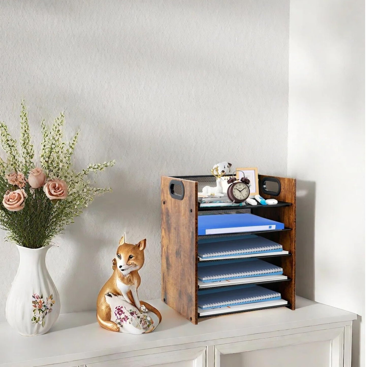 Boershun Wood Desk Organizer - 5-Tier Desktop File Organizer, Wooden Paper Tray, Office Desk Organzier and Accessories for Papers, Mail, Notebooks, Stationery