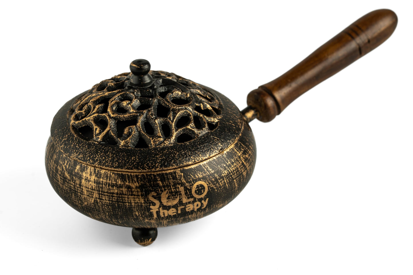 Iron Charcoal Burner with Lid & Wood Handle with Charcoal Tong, 9" Golden Finish, Burner for Incense, Charcoal Burner with Handle, Includes Charcoal Tong