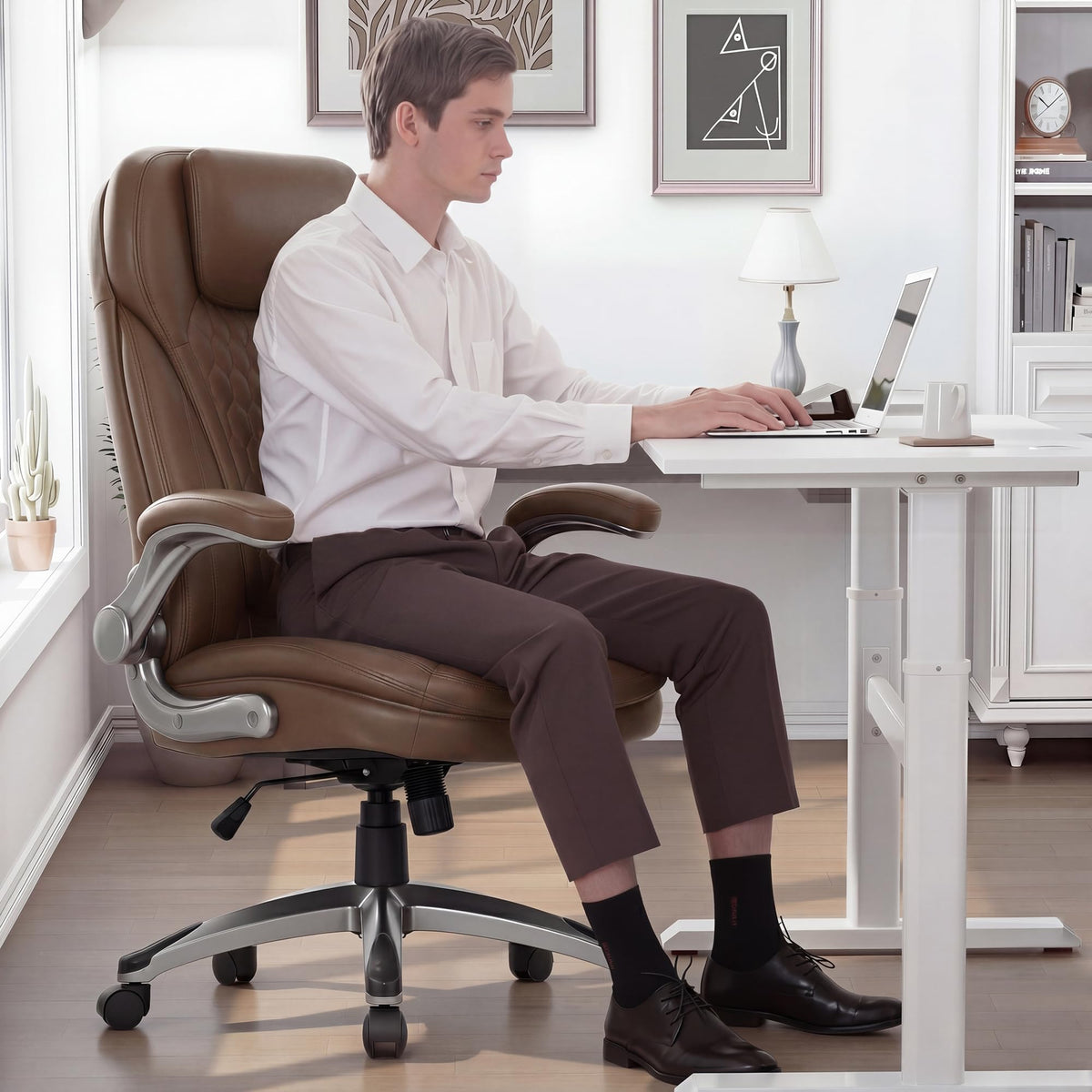 COLAMY Office Chair Ergonomic Desk Chair-Executive Office Chair with Upgraded Caters, High Back Computer Chair Flip-up Arms, Strong Metal Base, Swivel Leather Chair for Work/Study, 300lbs, Brown
