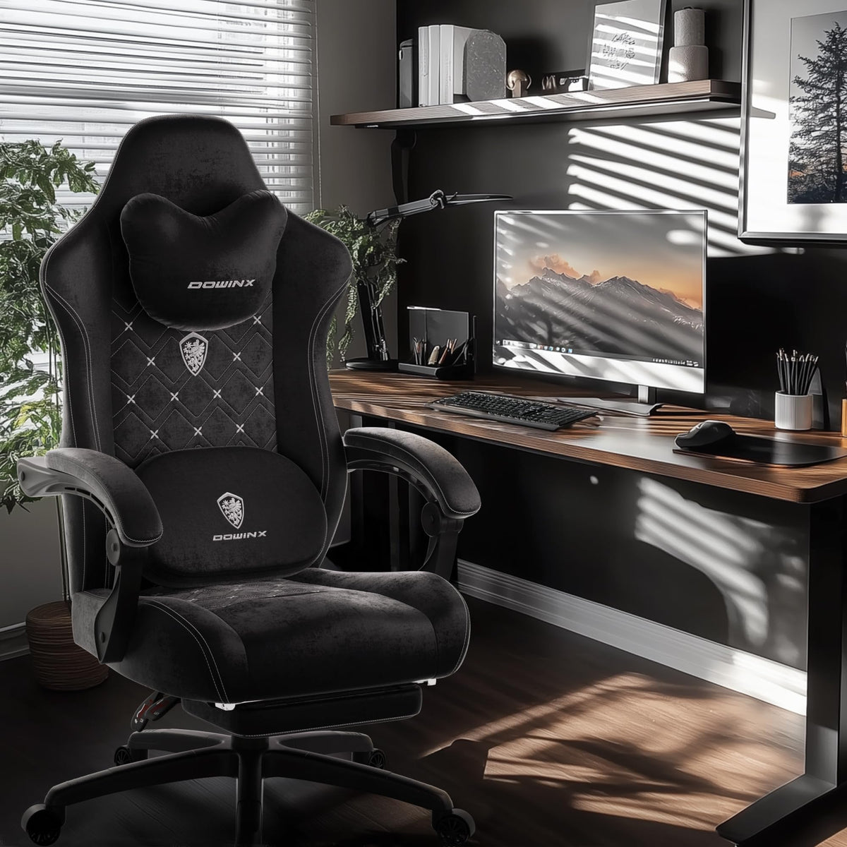 Dowinx Gaming Chair with Heated Massage Lumbar Support,Big and Tall Fabric Gaming Chairs for Adults with Footrest, Ergonomic Computer Game Chair with Poket Spring Cushions, 350lbs, Black