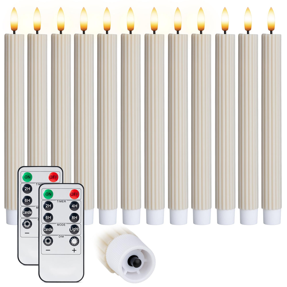 West Ivory 12 Pack, 10" LED Flameless Real Wax Cream Beige Fluted Ribbed Grooved Taper Candles, Remote & 24h Timer Memory, On/Off Button, Dimmable, Flicker Mode, Battery Operated, Wedding