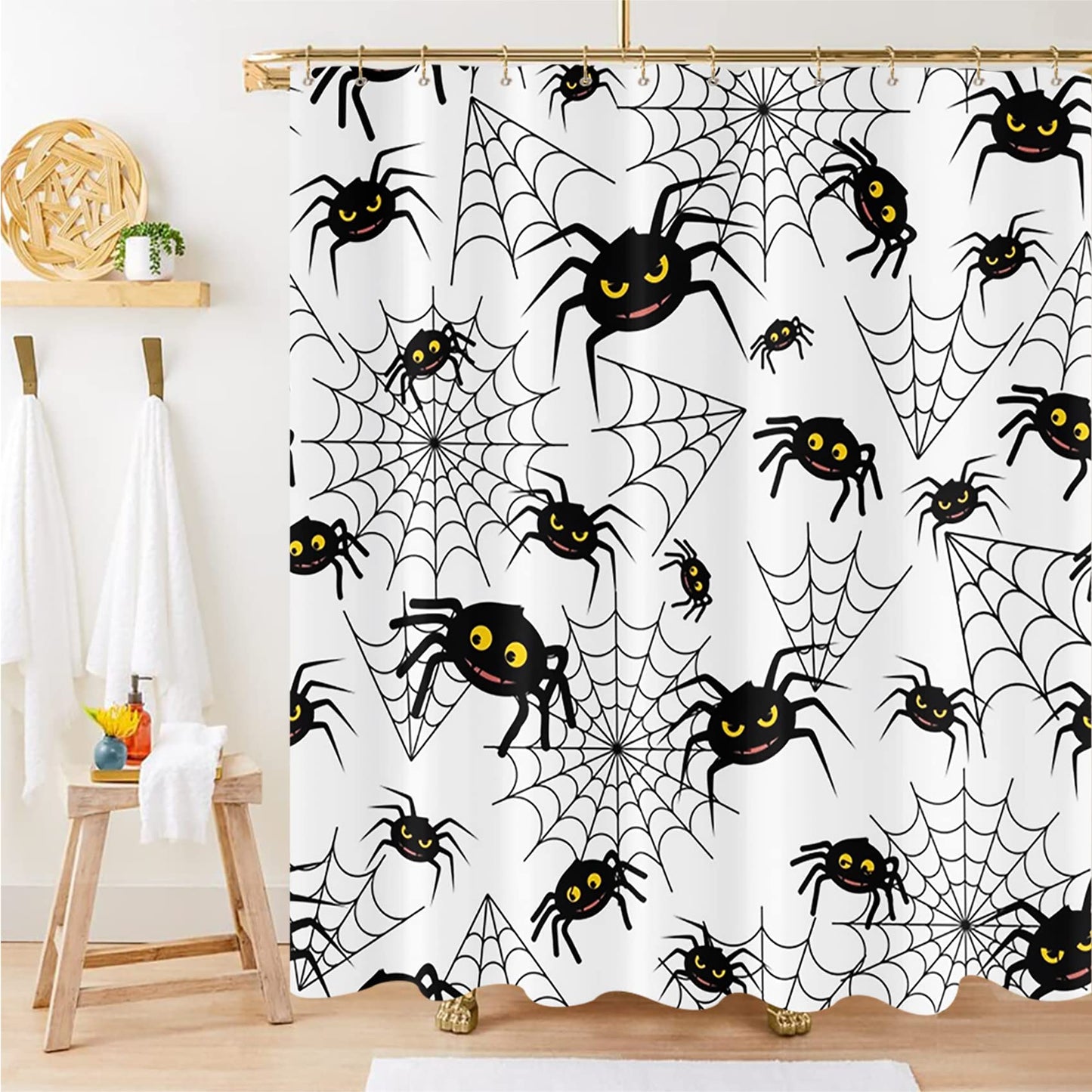 LFEEY Funny Halloween Shower Curtain Kids, Black White Creepy Spider Web Shower Curtain 72X72 Inches Halloween Bathroom Decor Waterproof Polyester Fabric with Hooks