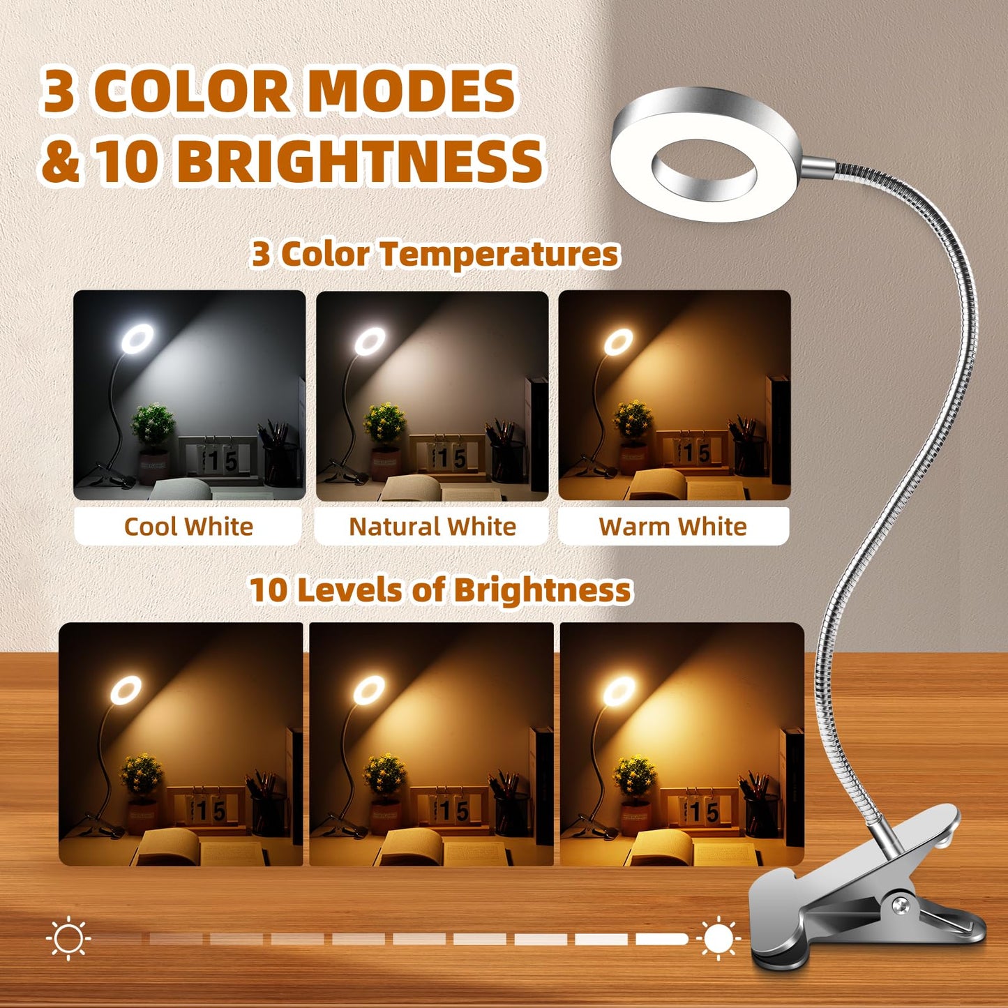 7W Clip On Ring Light with USB Cable, 3 Colour Changing & 10 Brightness, 48 LED Gooseneck Bed Light, Nail Art Ring Lamp Clip on Desk, Flexible Desk Beauty Lamp, Silver