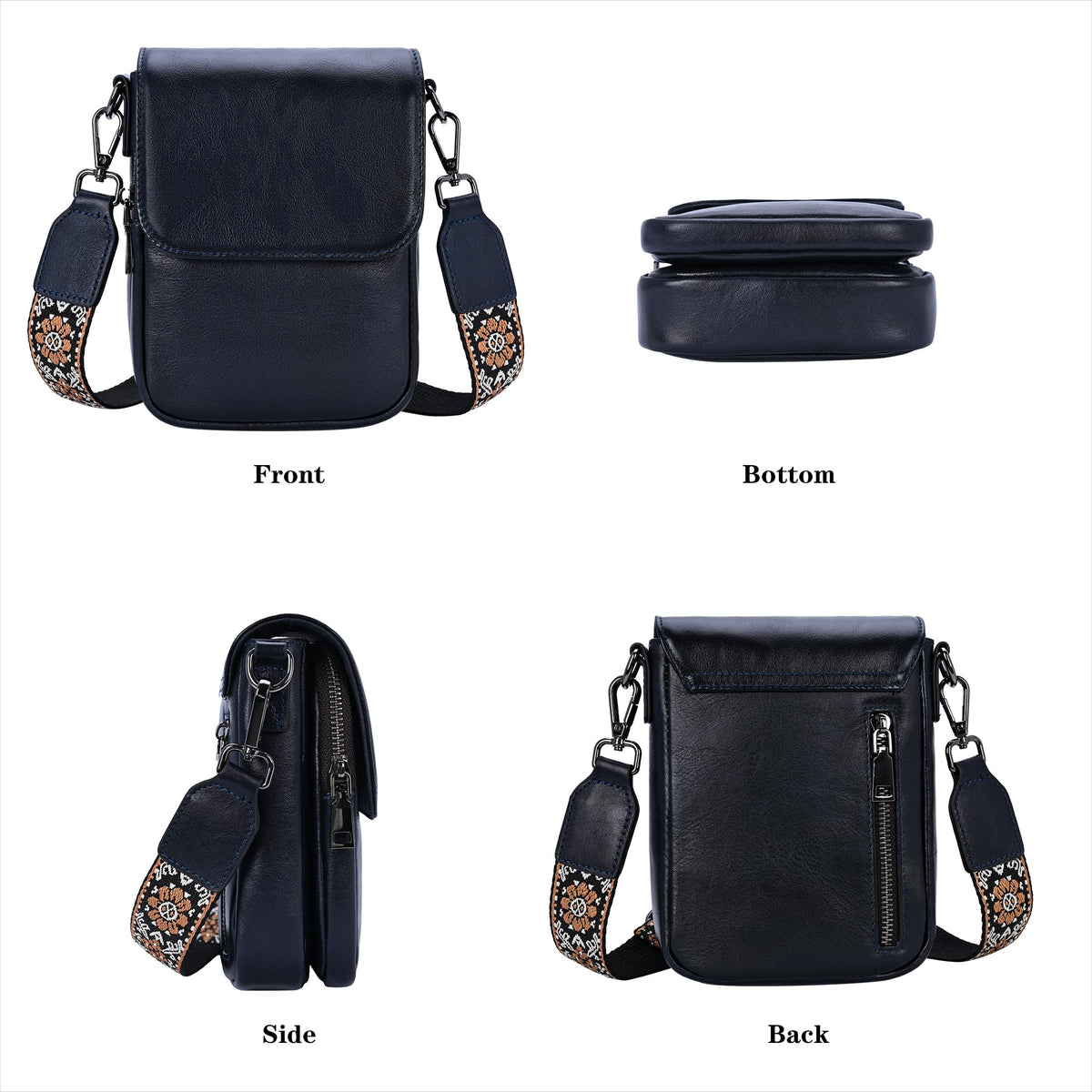 HESHE Leather Small Crossbody Bags for Women RFID Blocking Cell Phone Purse Anti-Theft Travel Bag with wide Straps (Navy Blue)