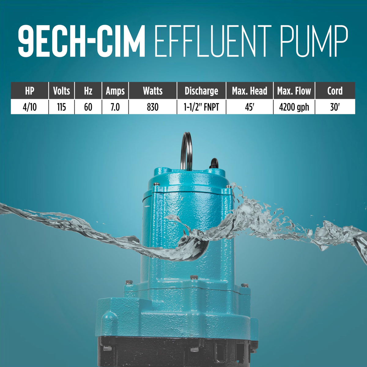 Little Giant 9ECH-CIM 115-Volt, 4/10 HP, 4200 GPH Manual Submersible Cast Iron High Head Effluent Pump with 30-Ft. Cord, Blue, 509533