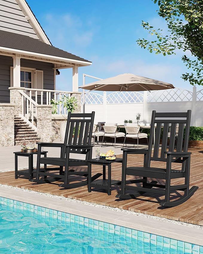 GarveeLife Poly Lumber Rocking Chair Outdoor Set of 6 - HDPE High Back Porch Rocker Chairs for Adults - All Weather Resistant Furniture for Patio - Black