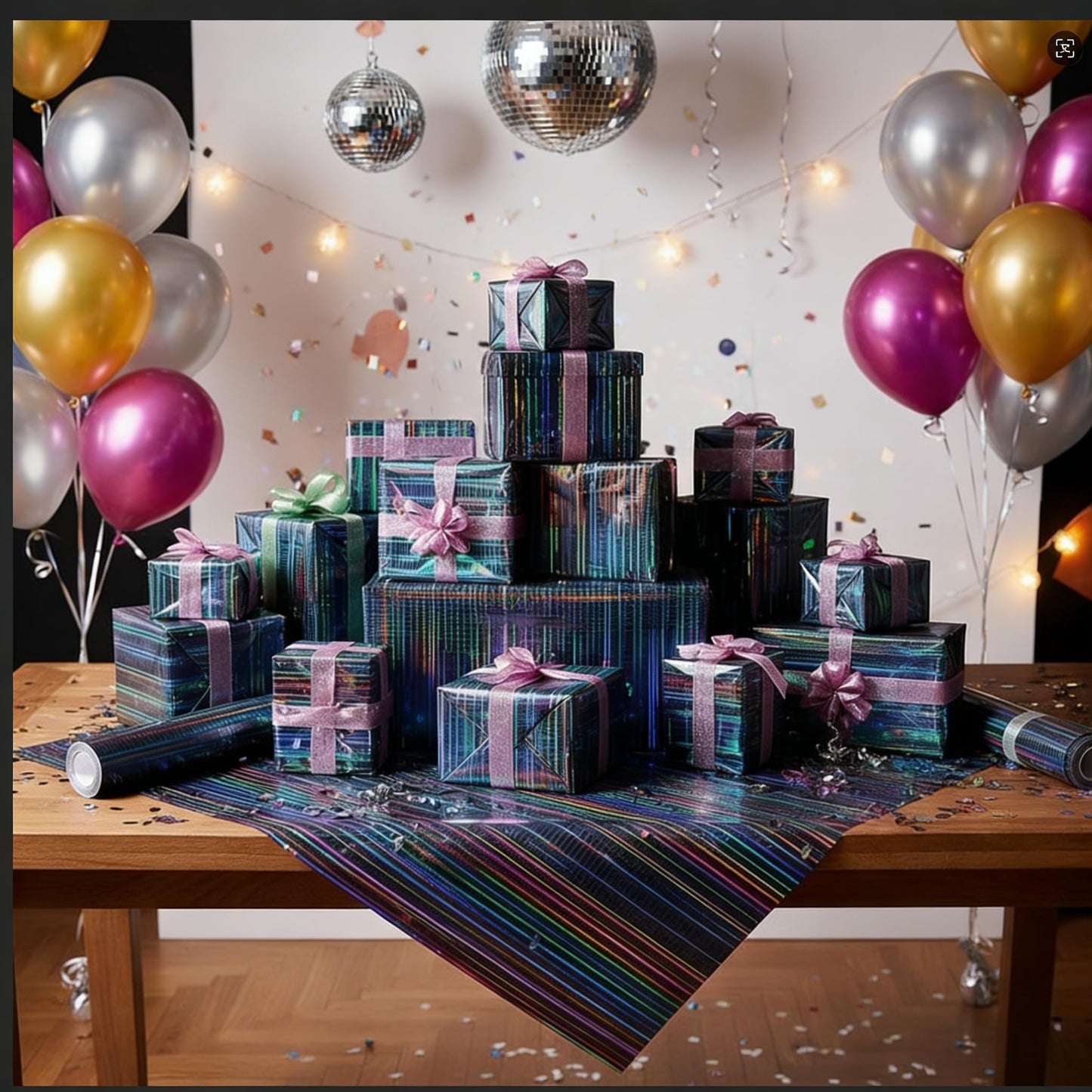 komforbaa Black Gift Wrapping Paper, Metallic Iridescent Holographic Gift Wrap with Rainbow Grid Design, for Birthday, Graduation, Holiday, Party, Wedding, Father's Day, 17InX 33 Ft (43cm×10m)