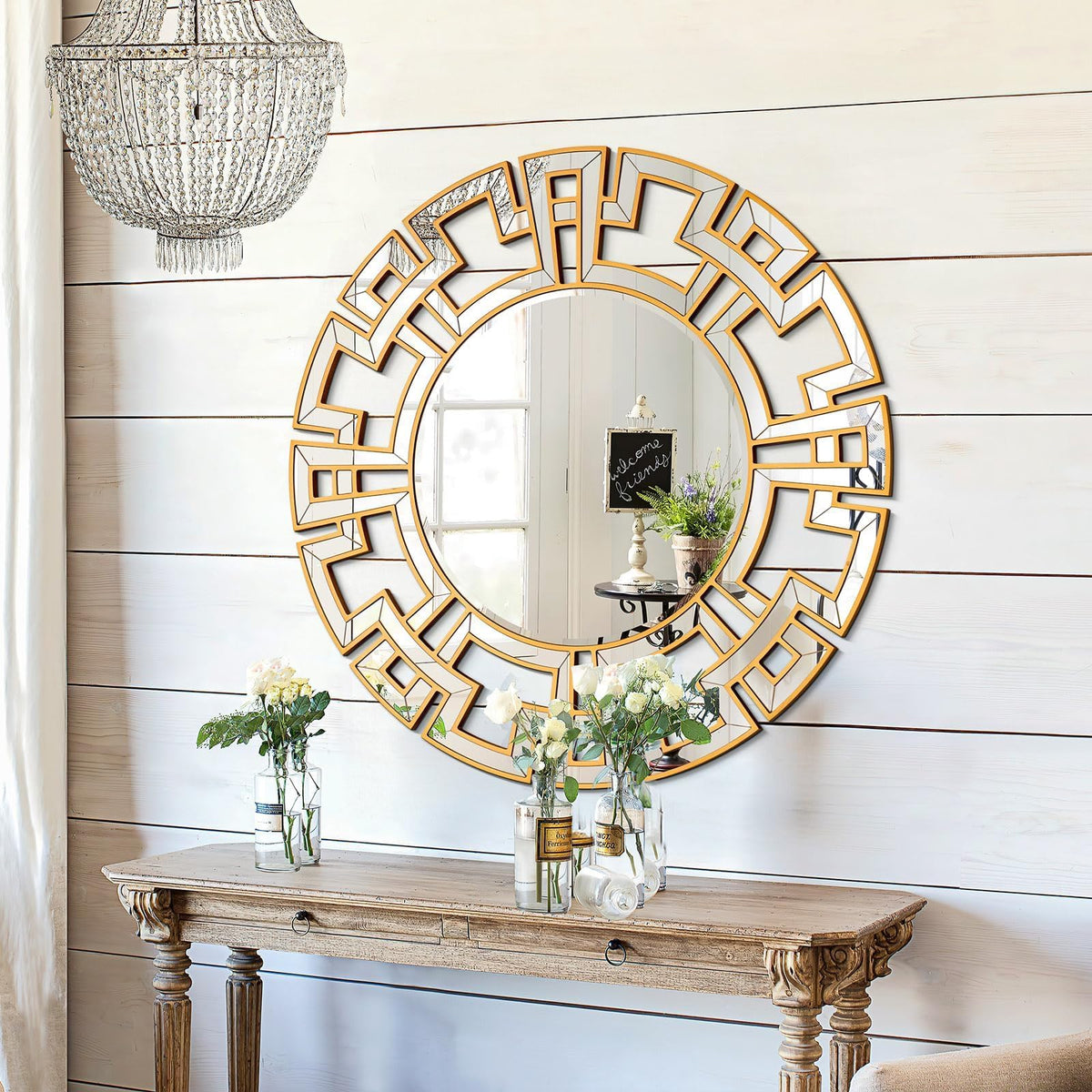 Chende Gold Mirror with Wooden Frame, 36'' Round Mirror for Wall Decorative, Large Wall Mirror for Living Room, Entryway, Fireplace