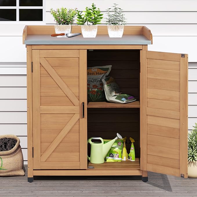 Outdoor Storage Cabinet & Potting Bench Table with Metal Top, Wooden Patio Furniture, Garden Workstation (Light Brwon, 39x31.5x17in)