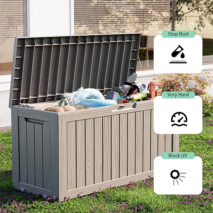 ROJIK Outdoor Storage Housing Deck Box - Waterproof Patio Furniture, Garden Tools, Cushions, Pool Accessories Storage Bench with Lockable Lid and Side Handles (Grey 88 Gal)