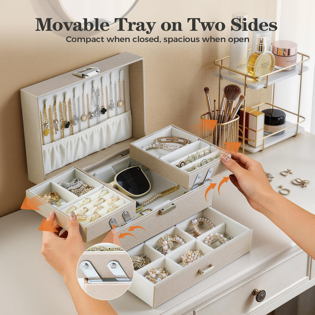 Dajasan Jewelry Organizer Box, Large Jewelry Boxes for Women Girls, Space-Saving 3 Layers Jewelry Storage Case with Drawer, Movable Metal Stand, Modern, Gift Idea (Champagne)