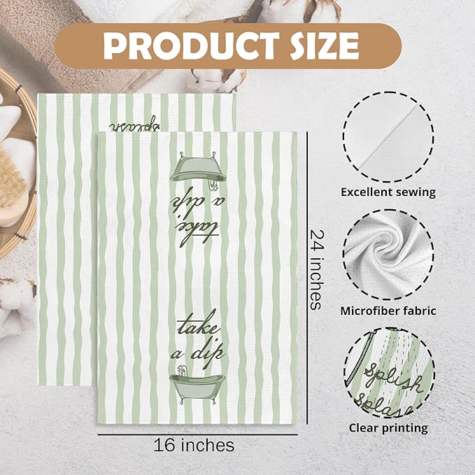 Sage Green Hand Towels for Bathroom Set of 2, Splish Splash Bathtub Dish Tea