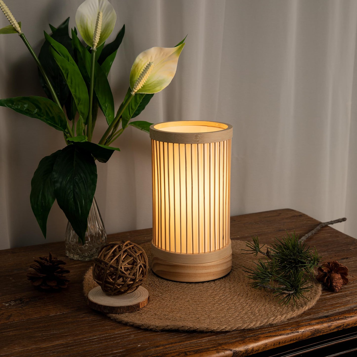 LUSHARBOR Bamboo Table Lamp, Small Boho Rattan Lamp Decorative with Dimmable Light, Woven Bedside Lamp for Bedroom, Cozy Nightstand Desk Lamps for Cafe/Entryway/Tabletop/Shelf Decor