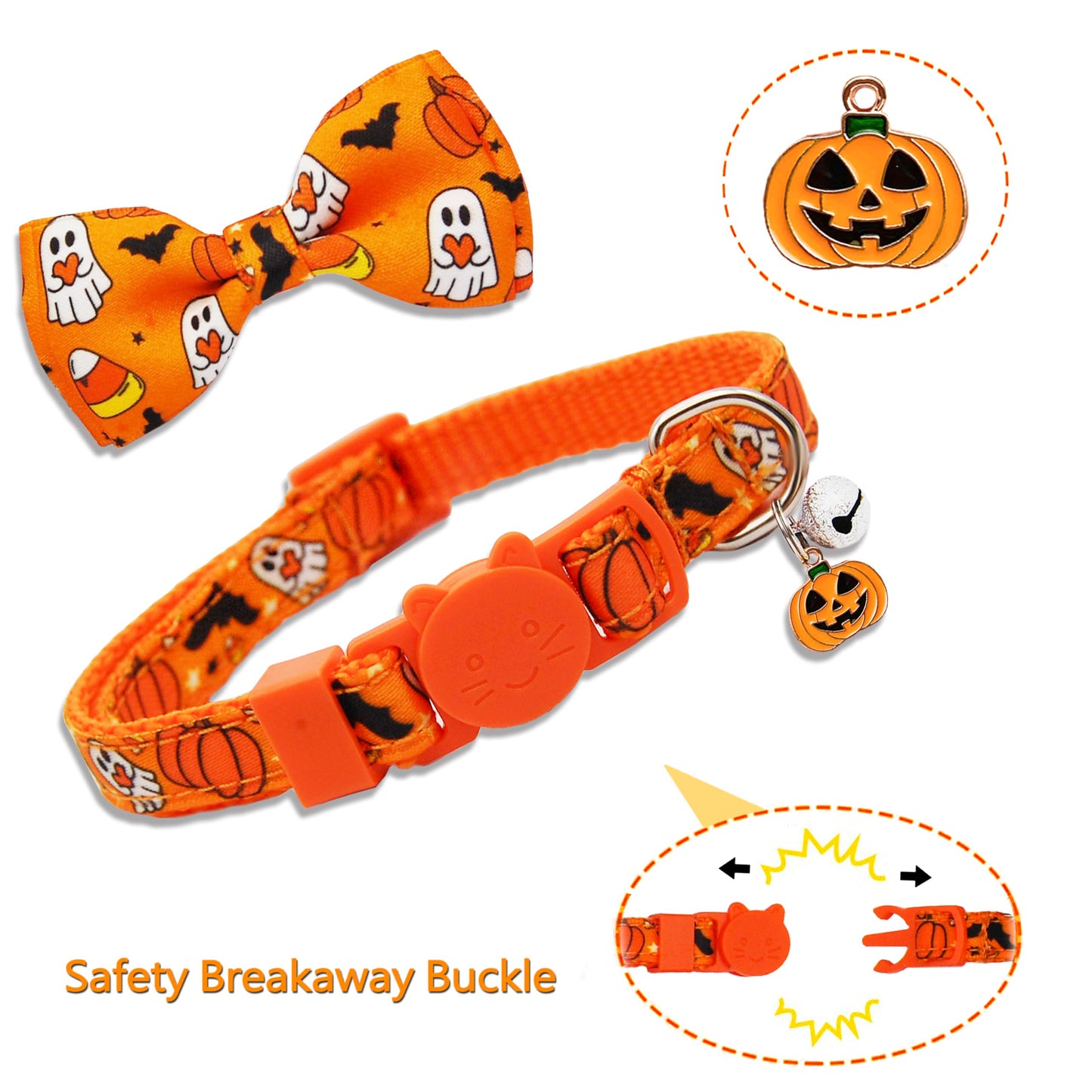 Halloween Cat Collar Set, 2 Pack Holiday Spooky Ghost & Pumpkin Adjustable Collars with Bow Tie & Bells, Safety Breakaway Buckle for Boys and Girls Kitties Kittens