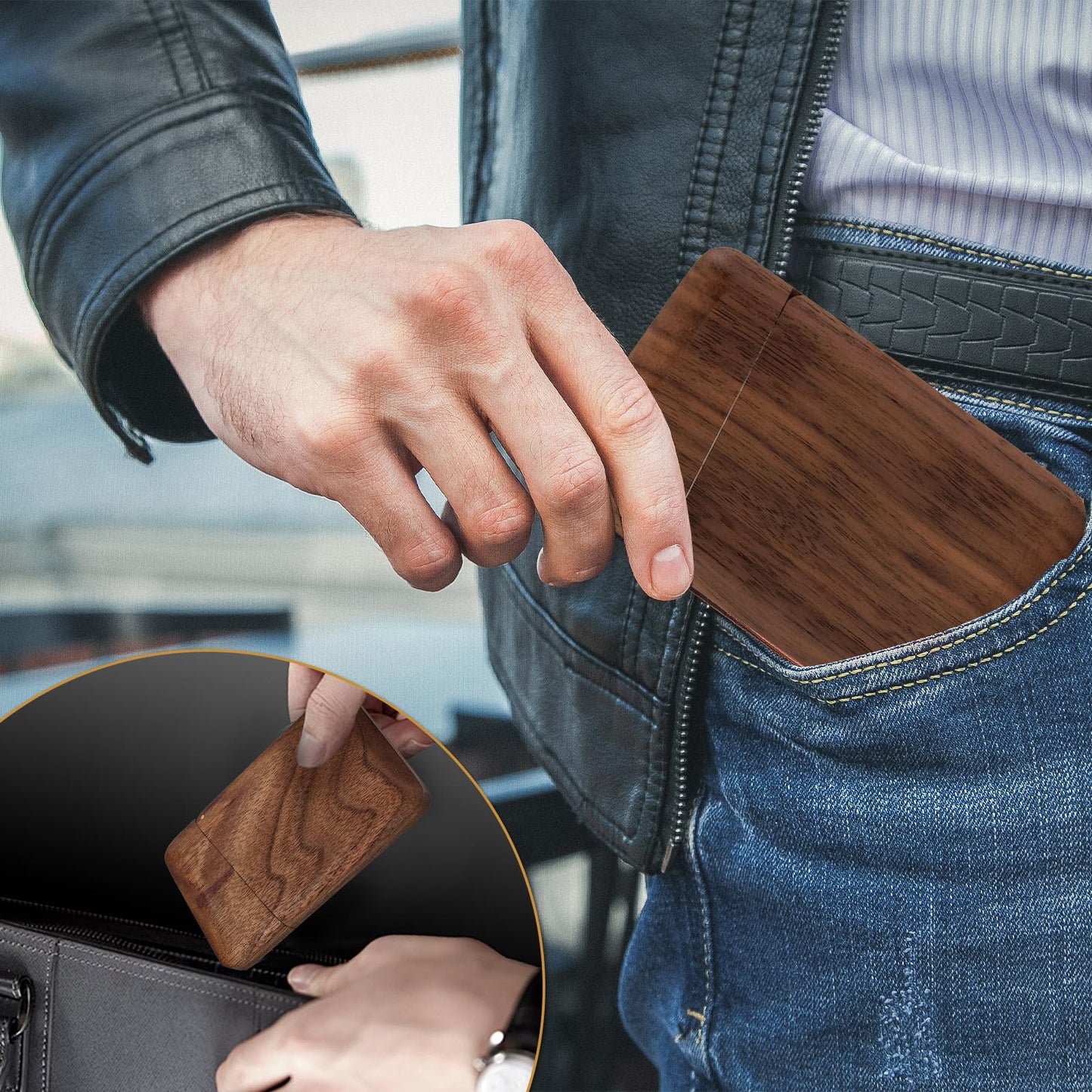 Yookin Wood Business Card Holder Wooden Magnetic Business Card Case Portable Simple (Black Walnut)