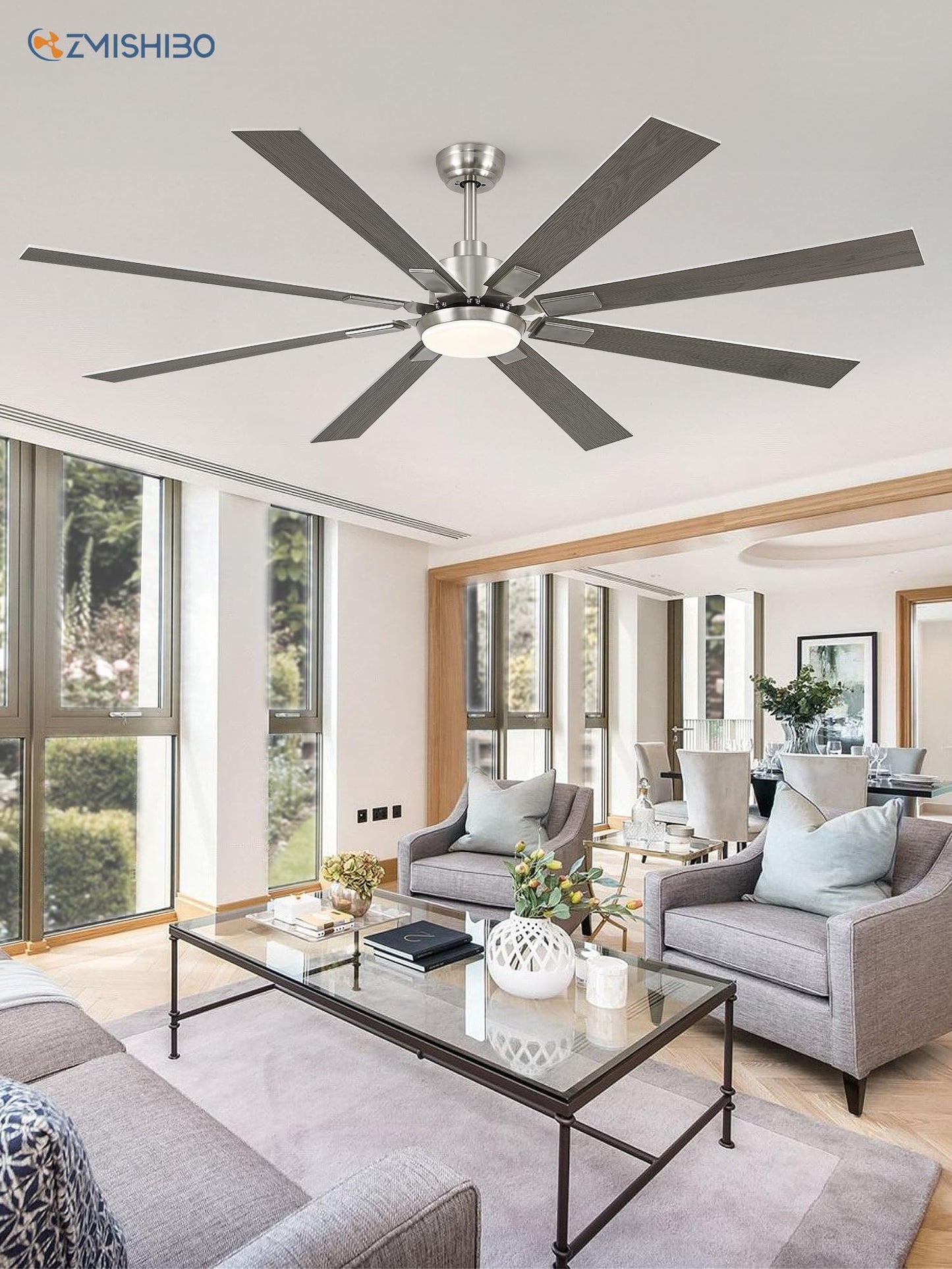 ZMISHIBO 72 inch Brushed Nickel Modern Ceiling Fans with Lights and Remote, Indoor/Outdoor Ceiling Fan for Living Room Patio, 6 Speed Reversible Quiet DC Motor, 3 CCT, Dual Finish Blades