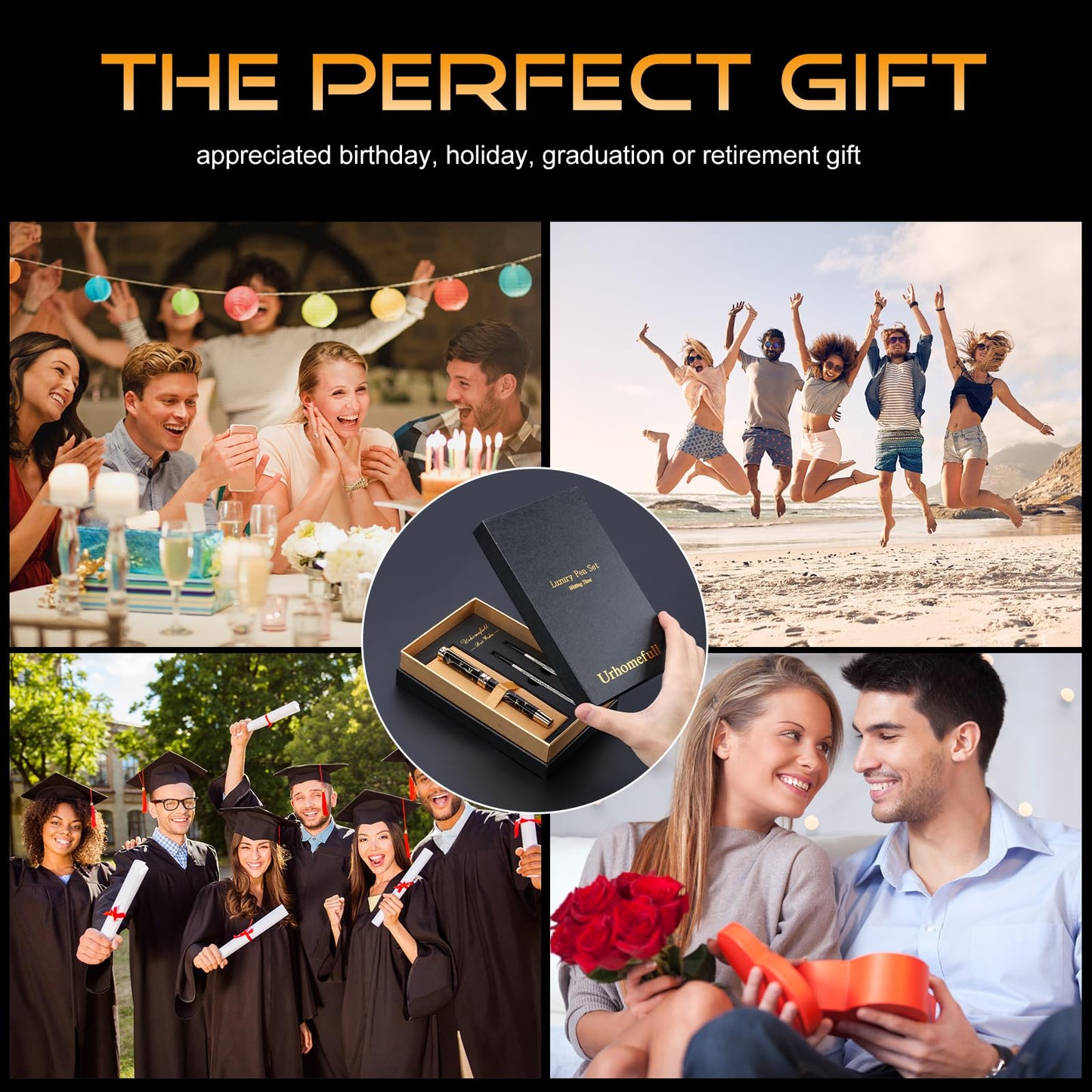 Urhomefull Black Rollerball Pens-Luxury Pens for Women Men, 24K Gold Trim Elegant Pen, Executive Gift Pen Set for Office Graduation Business Nice Roller Ball Pens
