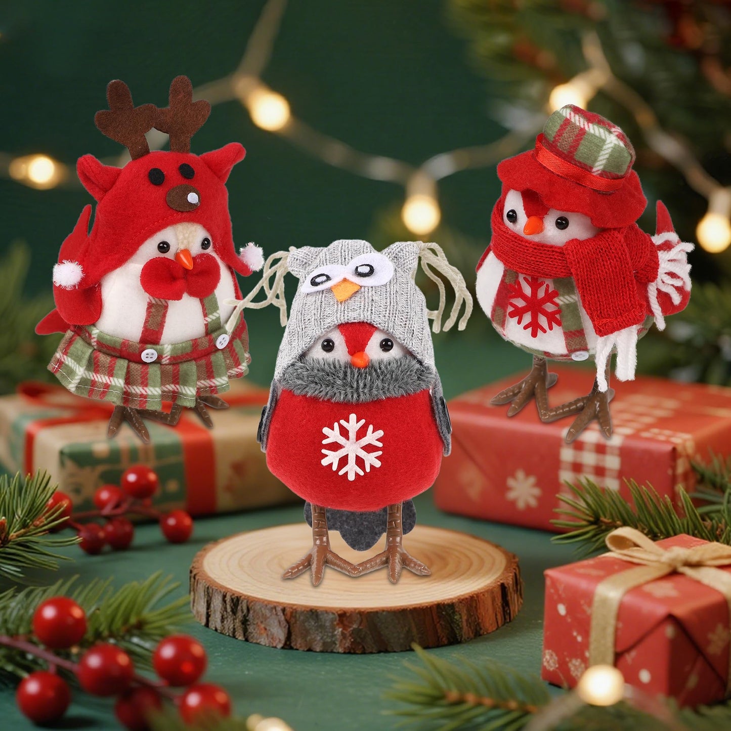 Cllayees 3 Pack 6 Inch Christmas Table Decorations - Small Bird Figurines, Red Cute Xmas Ornaments for Table Top, Desktop, Mantel, Kitchen Decor, Holiday, Winter Party Gifts