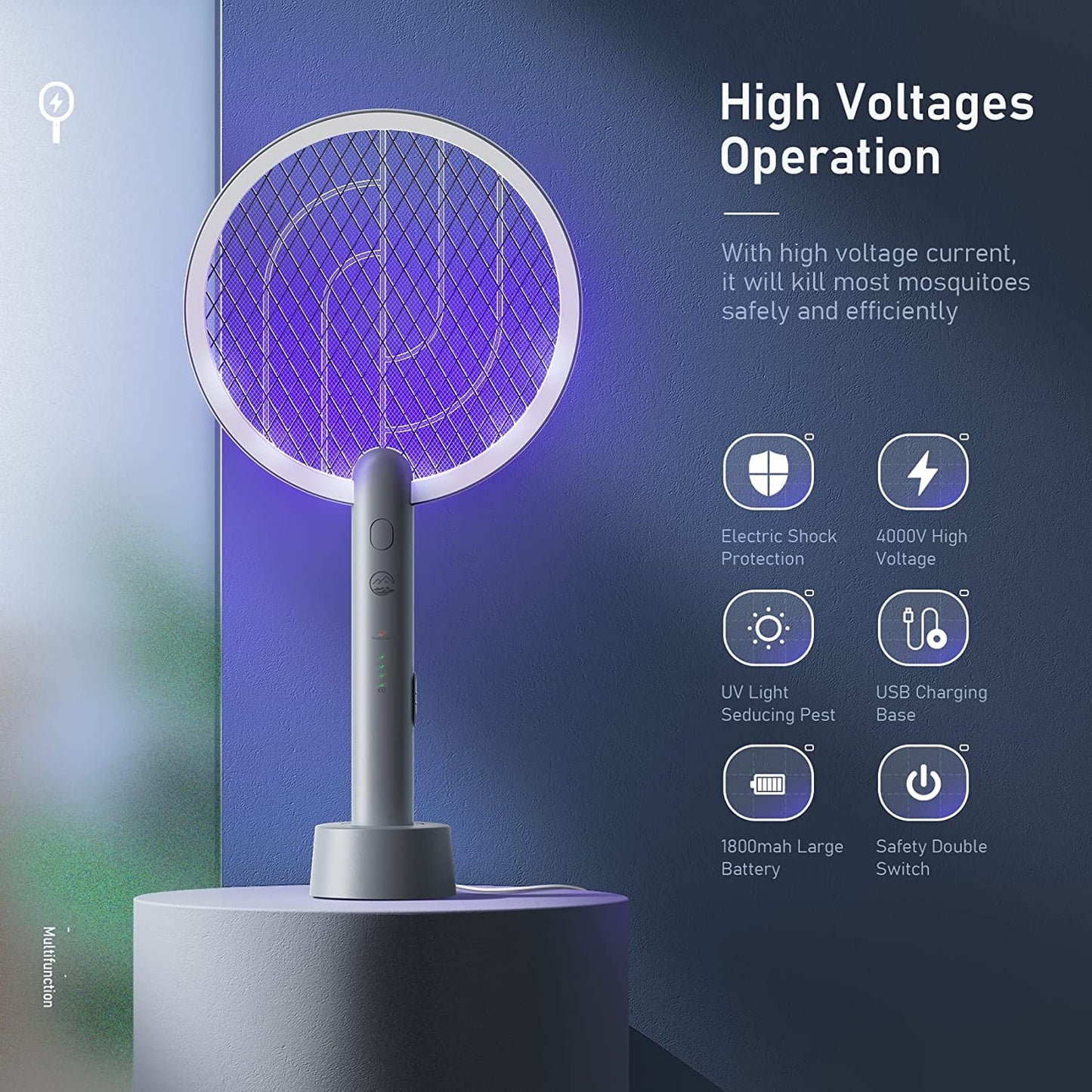 Electric Fly Swatter Racket, Mosiller 2 in 1 Smart Bug Zapper with USB Rechargeable Base, Powerful Mosquitoes Trap Lamp & Fly Killer with 3-Layer Safety Mesh for Home, Bedroom, Kitchen, PatioοΌ1 PackοΌ