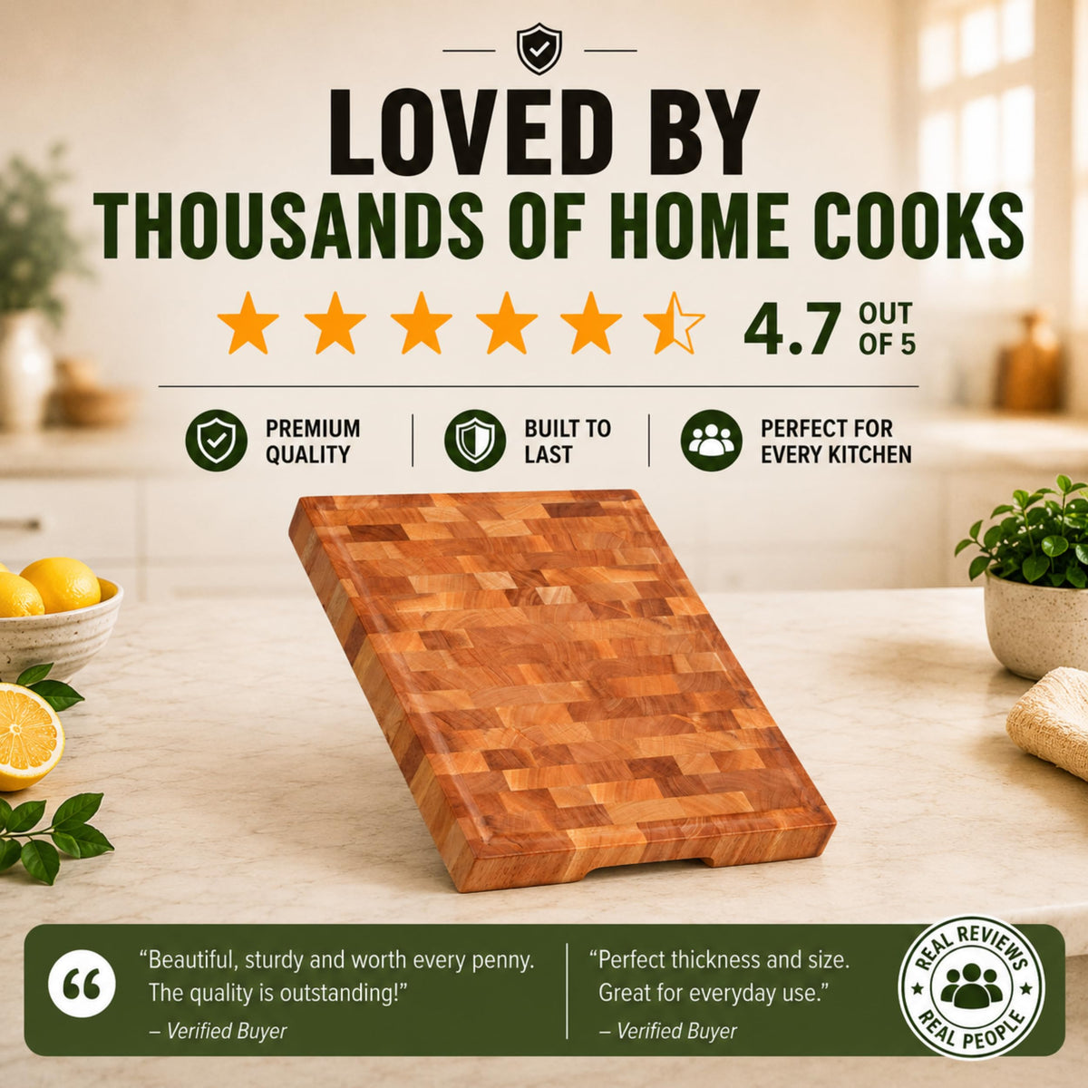 SHUMARU End-Grain Mahogany Cutting Board, 17×13×1.6" Thick Butcher Block with Juice Groove, Knife-Friendly Wood Chopping Block, Non-Slip Rubber Feet, Hand Grips, Heavy-Duty Prep & Serving Board