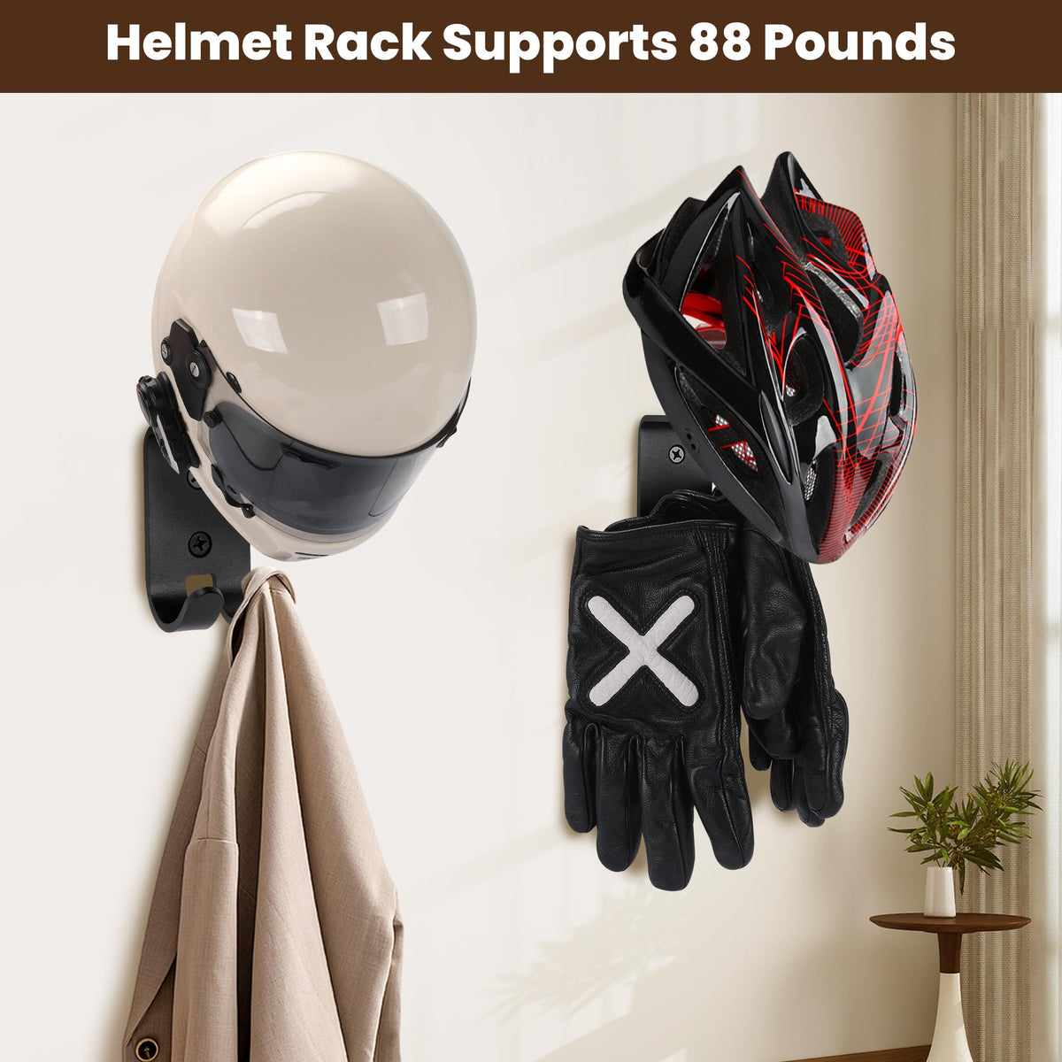 TOKCKYBL Motorcycle Helmet Holder Wall Mount - Solid Wood & Steel Gear Organizer Rack with 2 Hooks, Heavy Duty Display Hanger for Helmets, Football Gear, Ski Equipment, Hats, Jackets - 2 Pcs